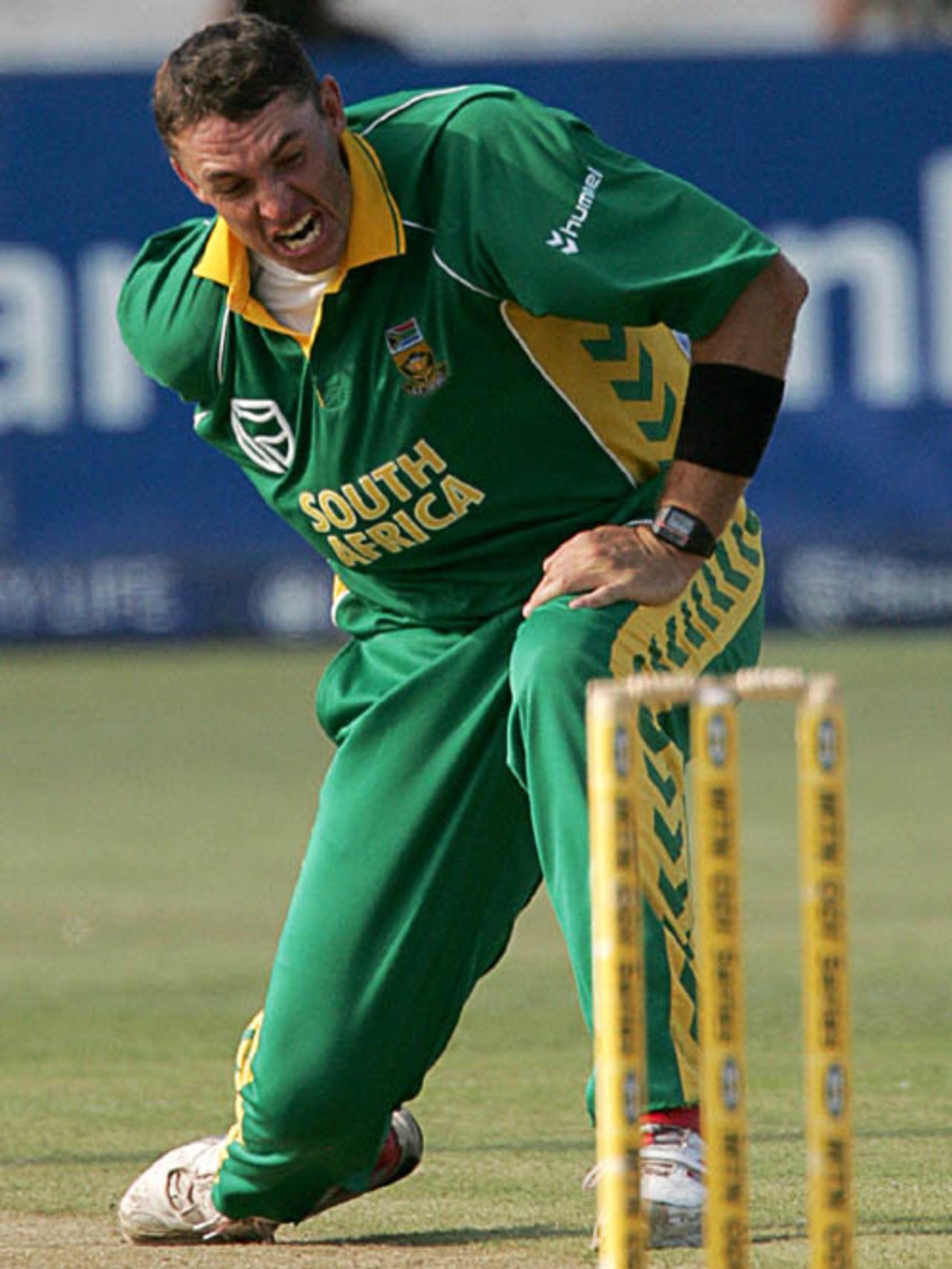 Andre Nel is pumped up after dismissing Brenton Parchment, South Africa v West Indies, 4th ODI, Durban, February 1, 2008