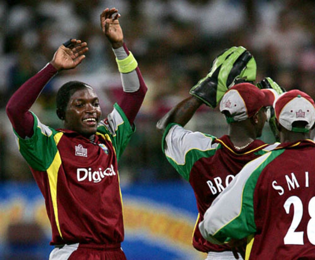 Fidel Edwards and Patrick Browne celebrate the wicket of Jacques Kallis, 4th ODI, Durban, February 1, 2008