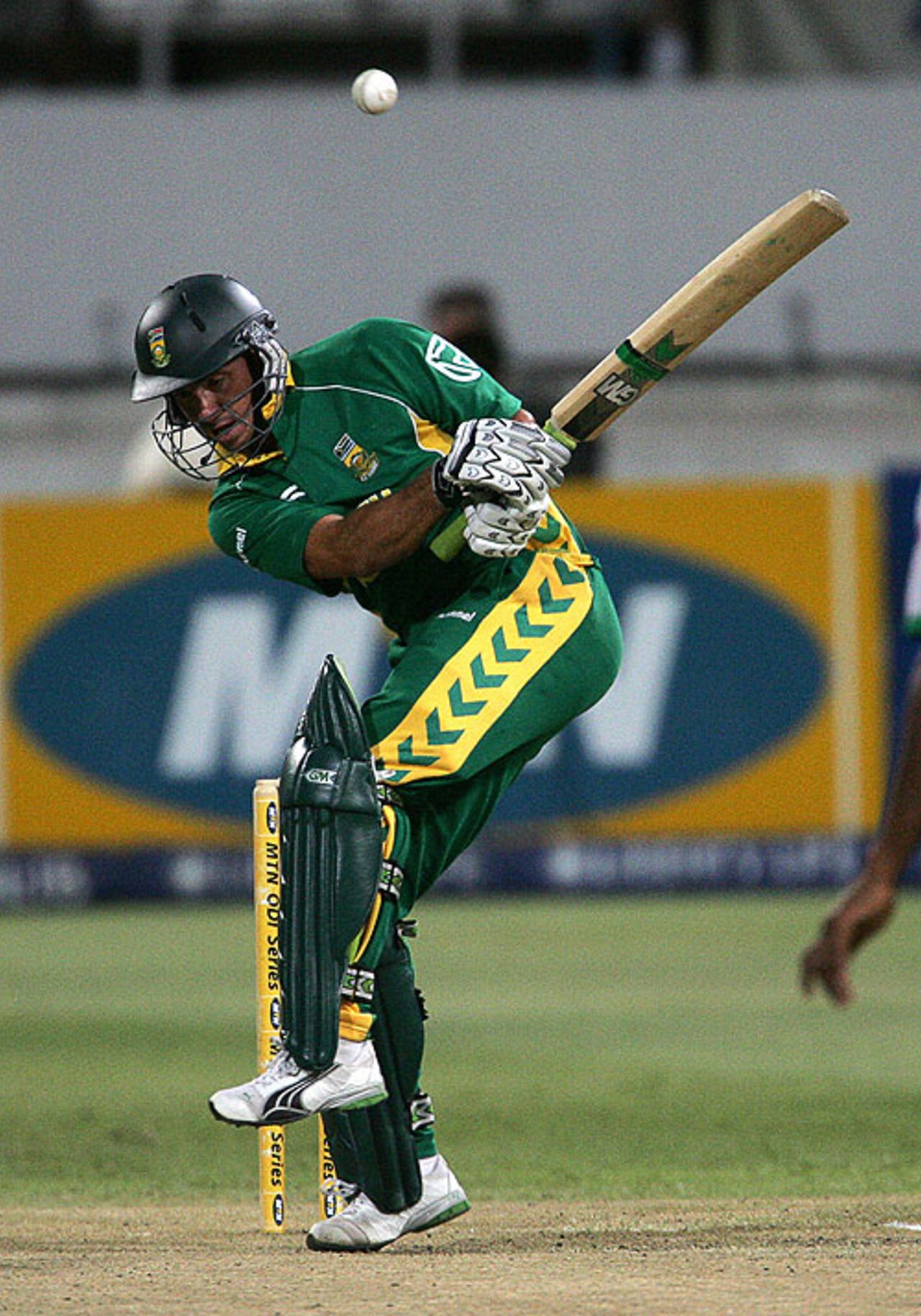 Herschelle Gibbs is tucked up by a seaming delivery, 4th ODI, Durban, February 1, 2008