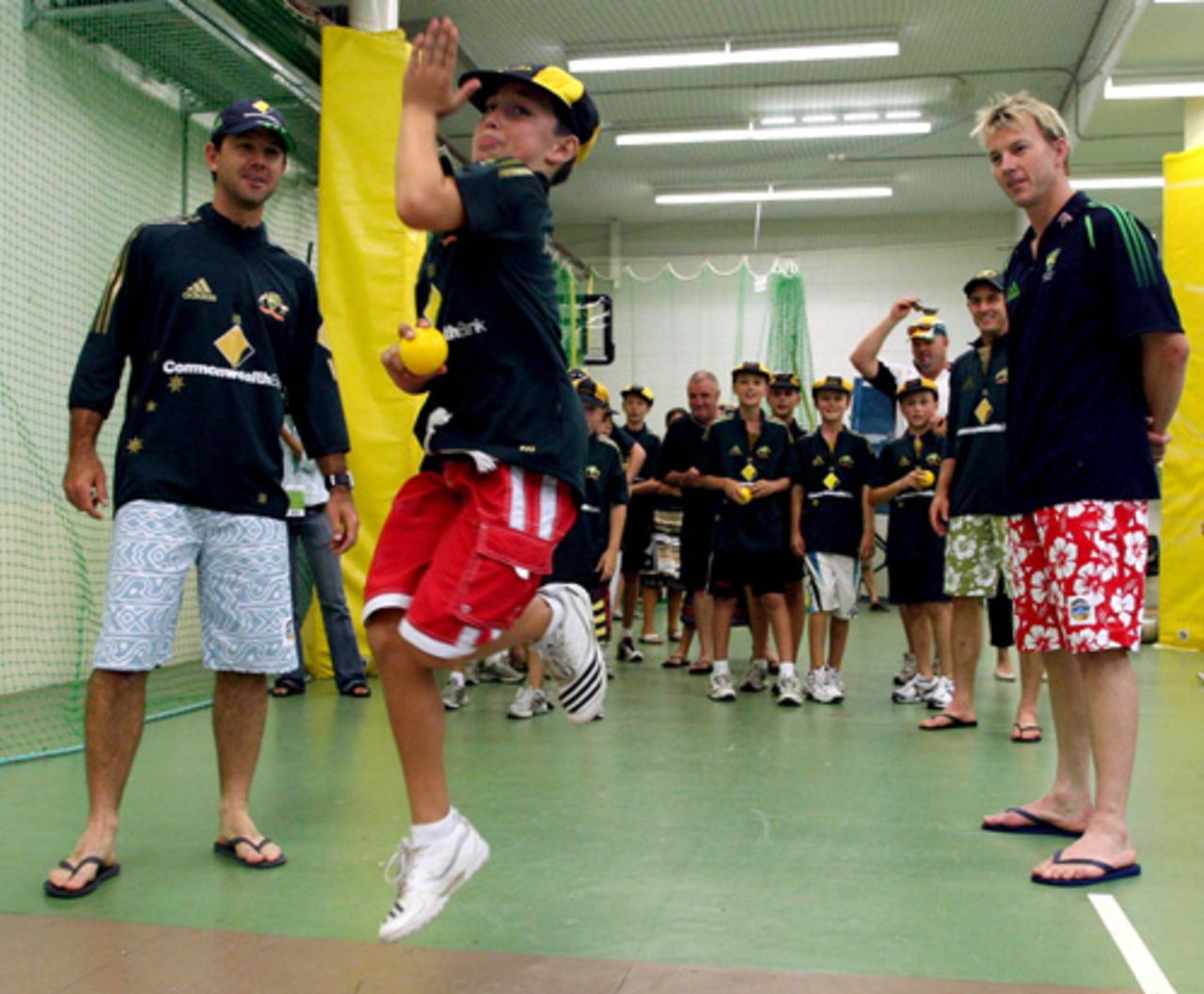 A future prospect? Ricky Ponting and Brett Lee assess an aspiring fastbowler, Brisbane, February 2, 2008 