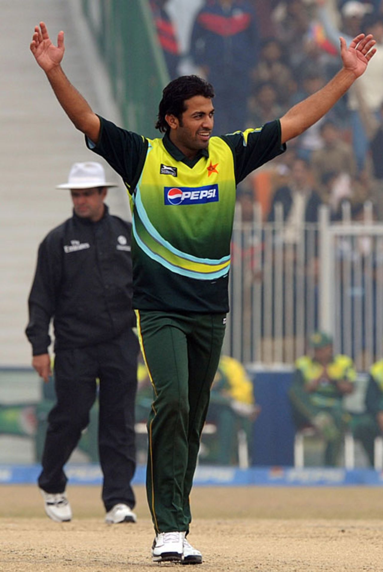 Wahab Riaz celebrates the wicket of Sean Williams, Pakistan v Zimbabwe, 5th ODI, Sheikhupura, February 2, 2008 