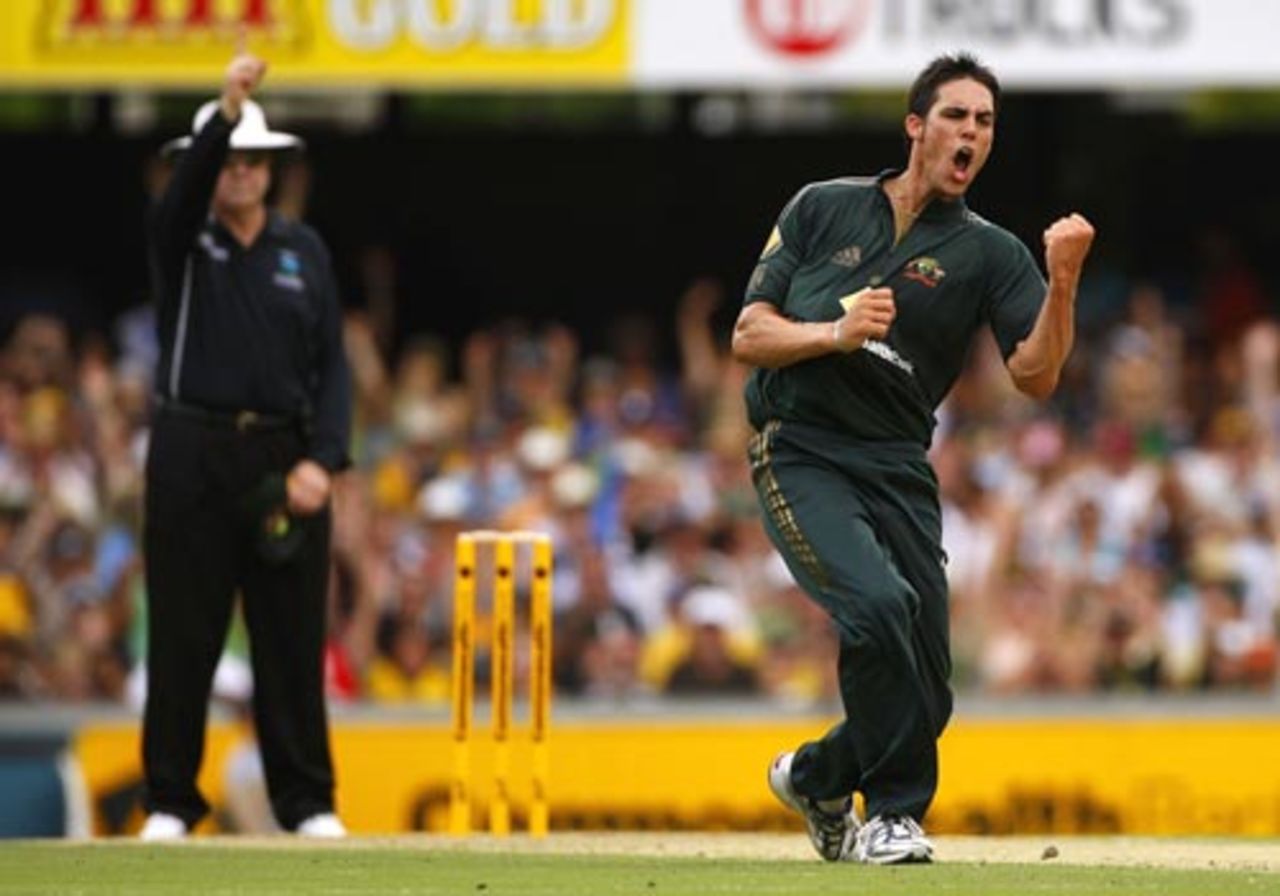 Mitchell Johnson enjoys the moment after taking a wicket, Australia v India, CB series, 1st ODI, Brisbane, February 3, 2008