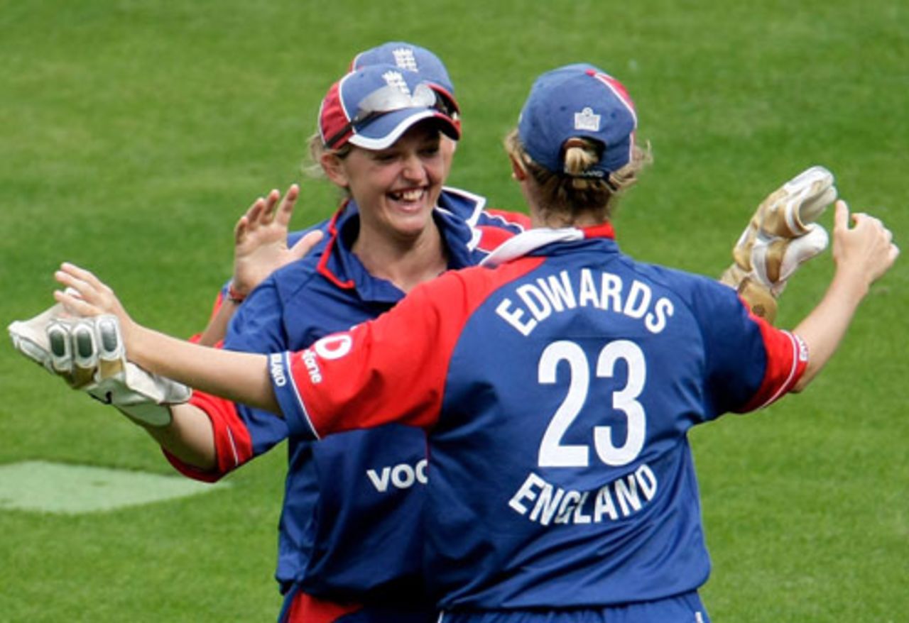 Sarah Taylor celebrates a wicket with captain Charlotte Edwards, Australia Women v England Women, 1st ODI, Melbourne, February 3, 2008 