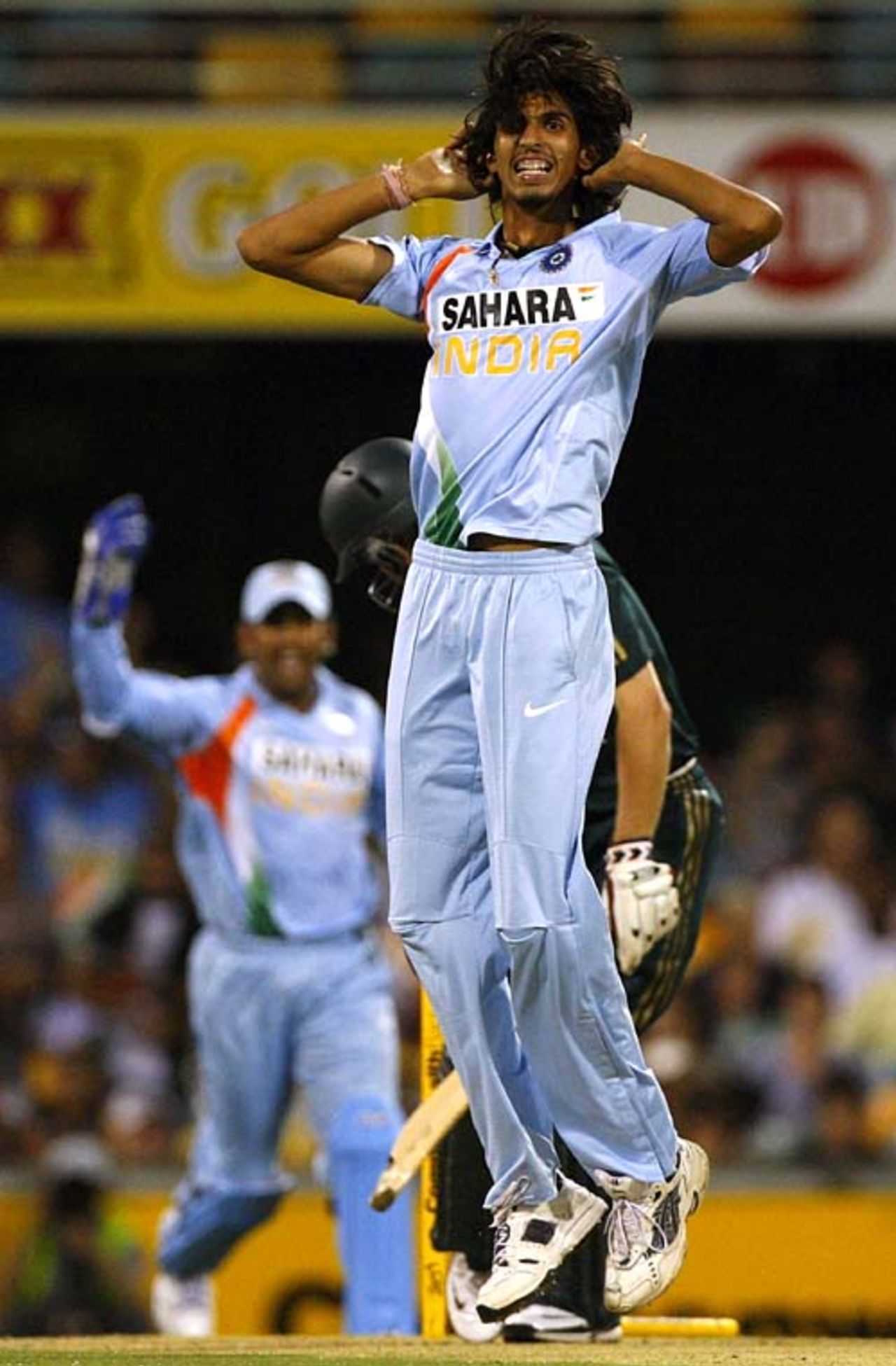 An ecstatic Ishant Sharma celebrates the wicket of James Hopes, Australia v India, CB series, 1st ODI, Brisbane, February 3, 2008