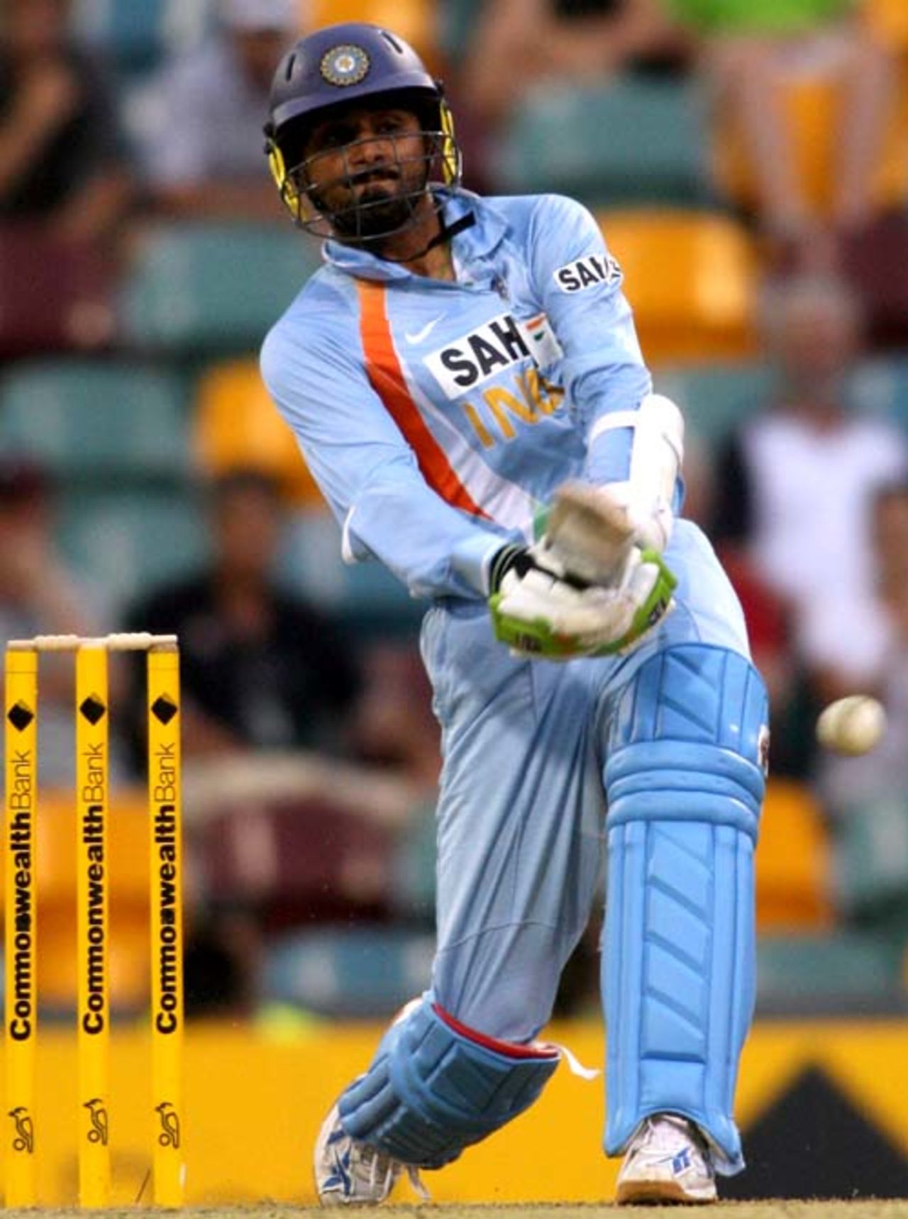 Harbhajan Singh tries to swat the ball, Australia v India, CB series, 1st ODI, Brisbane, February 3, 2008