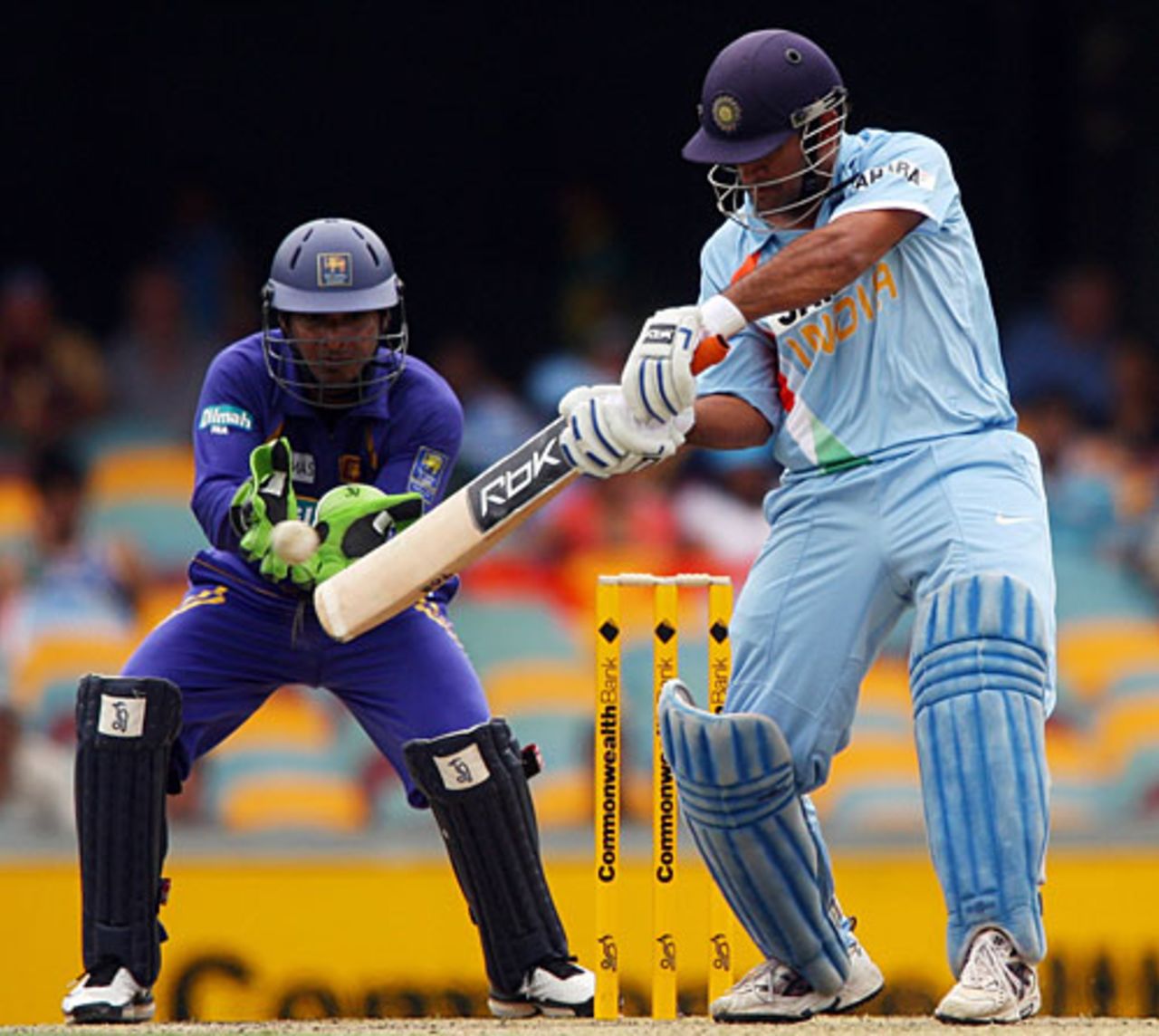 Mahendra Singh Dhoni looks to cut, India v Sri Lanka, CB Series, 2nd ODI, Brisbane, February 5, 2008