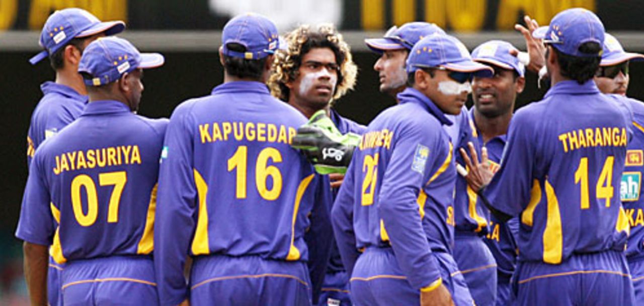 Sri Lanka celebrate the dismissal of Sachin Tendulkar, India v Sri Lanka, CB Series, 2nd ODI, Brisbane, February 5, 2008