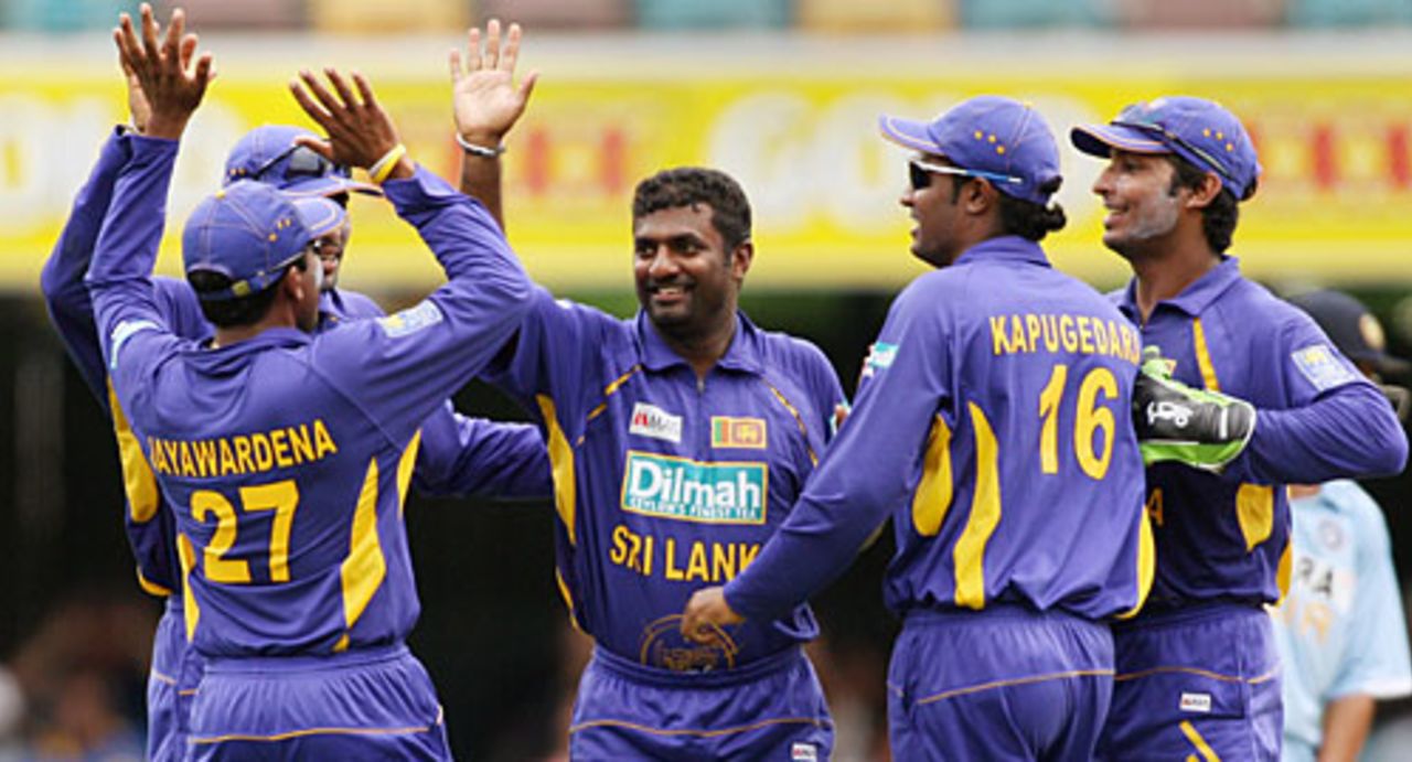 Muttiah Muralitharan is congratulated for picking up two wickets in an over, India v Sri Lanka, CB Series, 2nd ODI, Brisbane, February 5, 2008