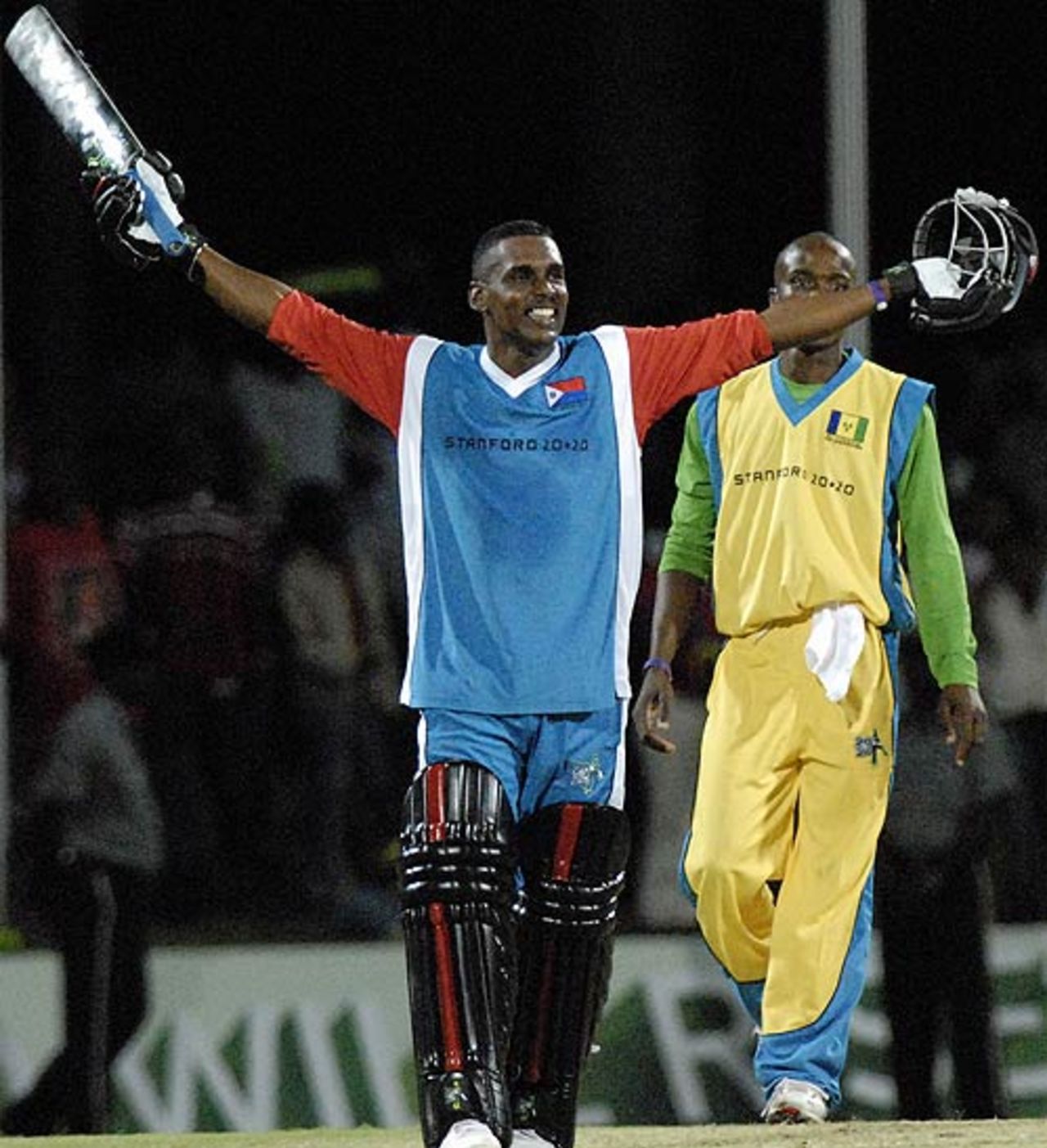John Eugene acknowledges the cheers after scoring an unbeaten 100 off 46 balls, St Maarten v St Vincent and the Grenadines, 6th match, Stanford 20/20, Antigua, February 1, 2008