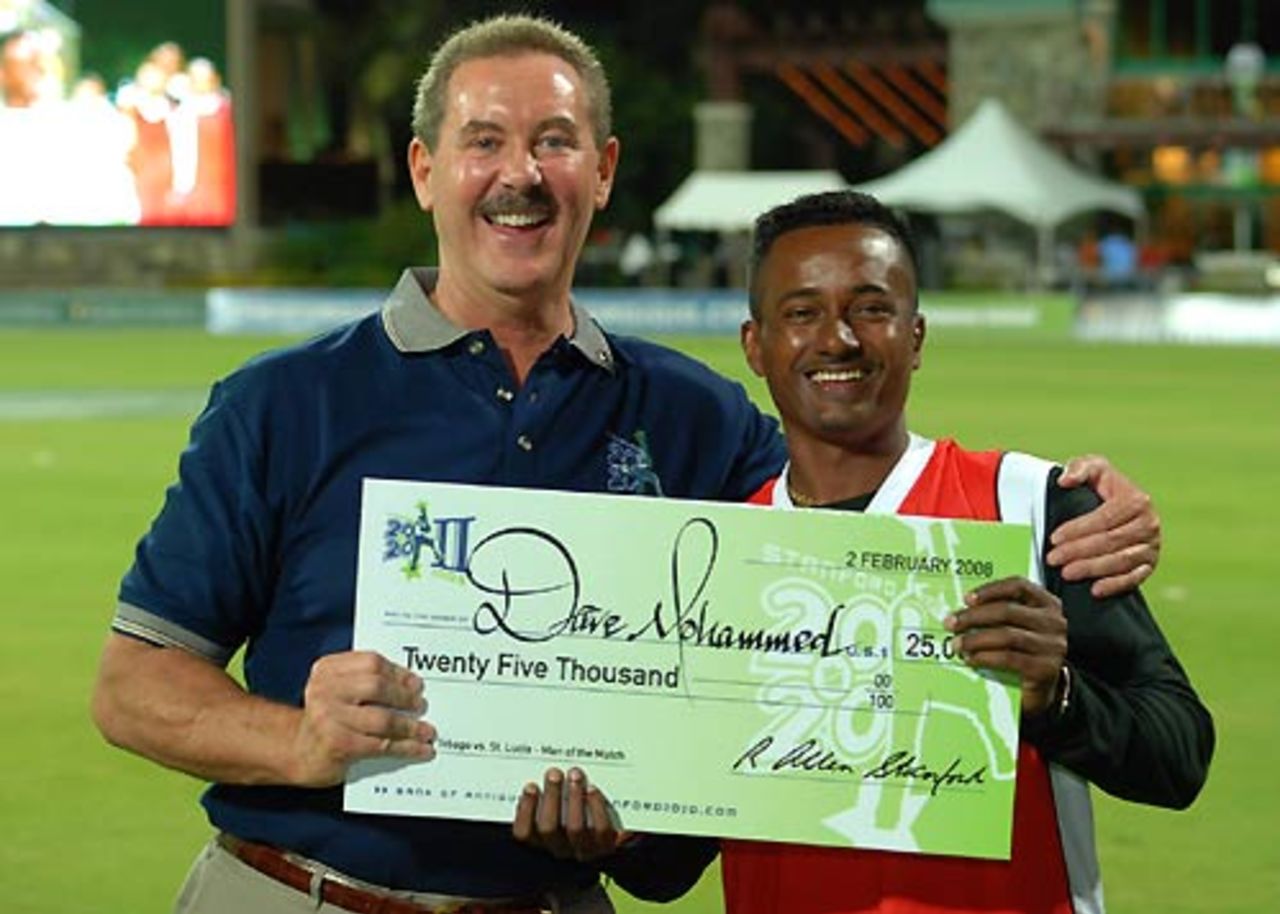 Dave Mohammed wins the Man-of-the-Match award for his figures of 5 for 8, St Lucia v Trinidad & Tobago, 7th match, Stanford 20/20, Antigua, February 2, 2008