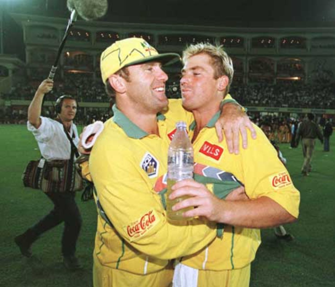 Mark Taylor and Shane Warne of Australia celebrate after winning the World Cup semi-final  against West Indies, played at Chandigarh. 