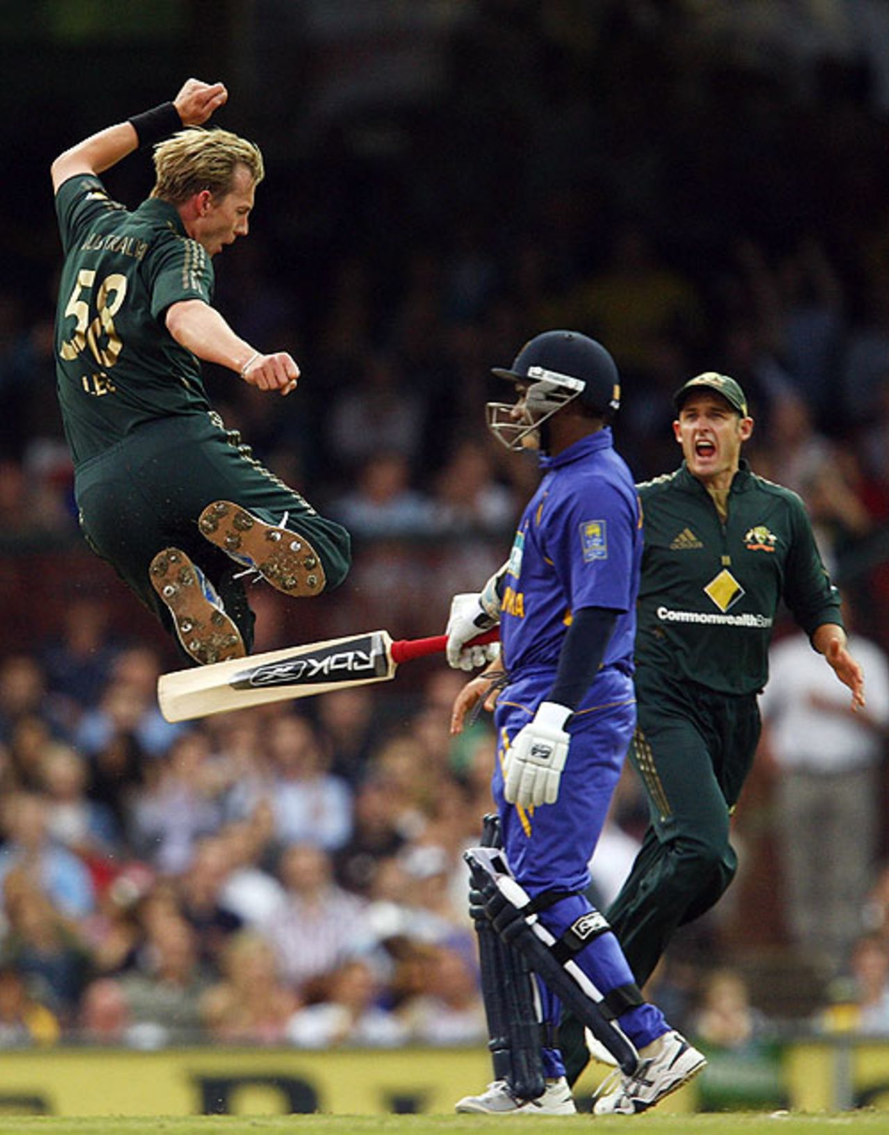 Brett Lee can't conceal his pleasure at getting rid of Sanath Jayasuriya, Australia v Sri Lanka, CB Series, 3rd ODI, Sydney, February 8, 2008