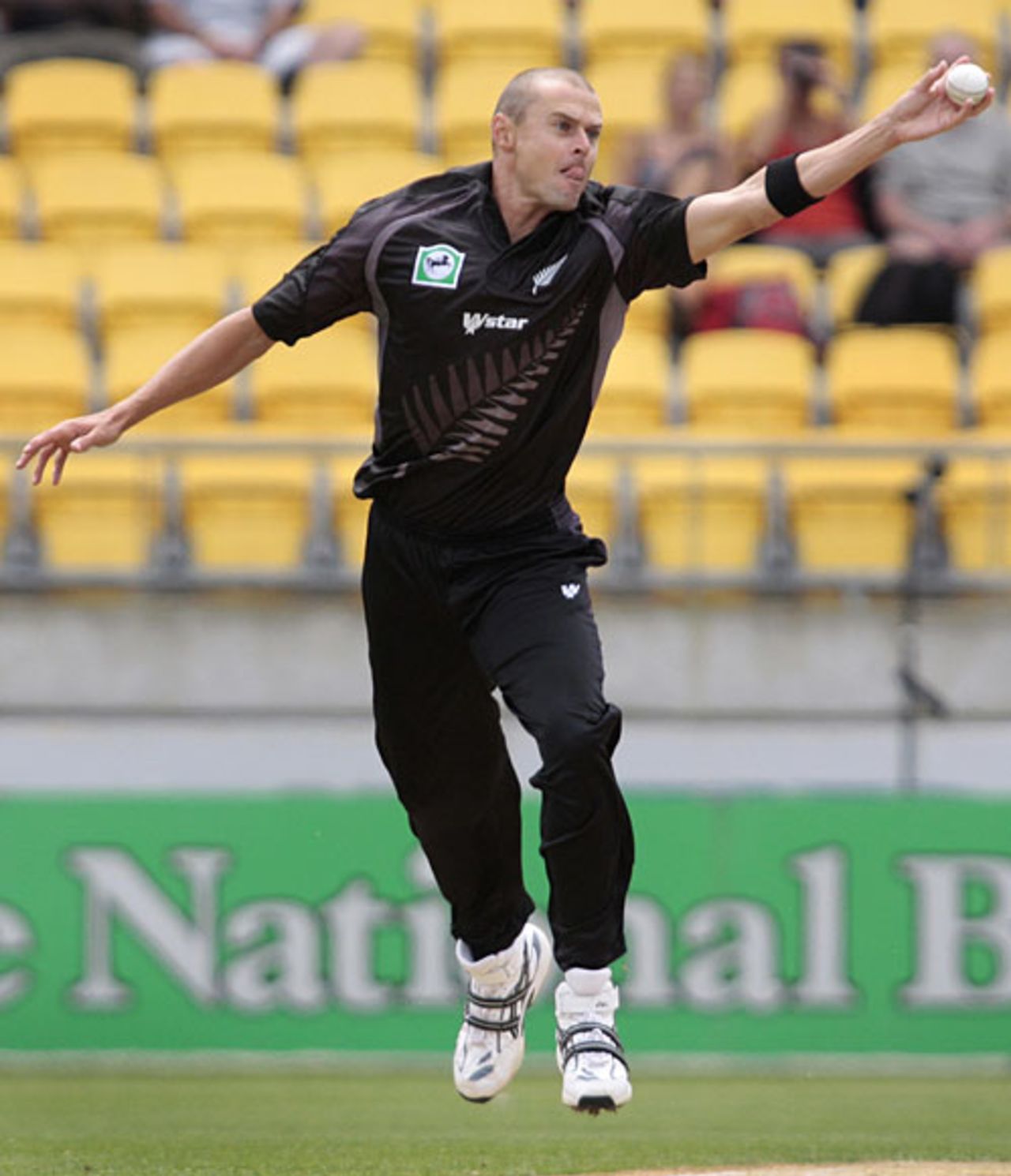 Chris Martin fields off his own bowling, New Zealand v England, 1st ODI, Wellington, February 9, 2008