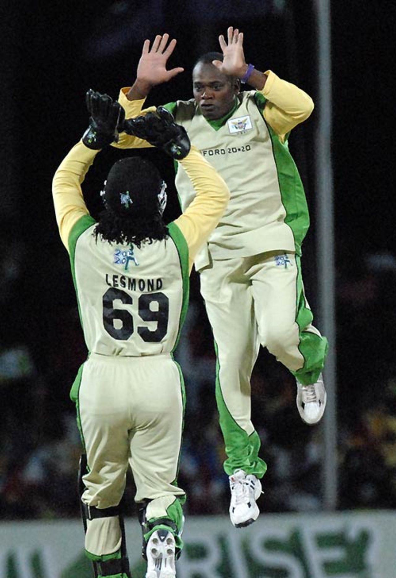 Calvin Lewis celebrates one of his three wickets, Antigua and Barbuda v United States Virgin Islands, Stanford 20/20, 12th match, Coolidge, February 9, 2008