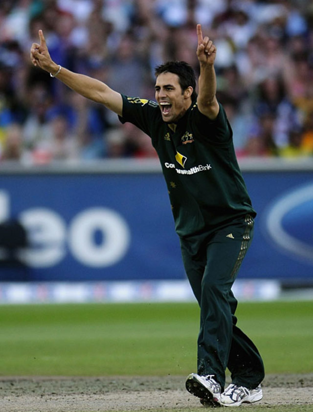Mitchell Johnson appeals for lbw against Irfan Pathan, Australia v India, CB Series, 4th ODI, Melbourne, February 10, 2008