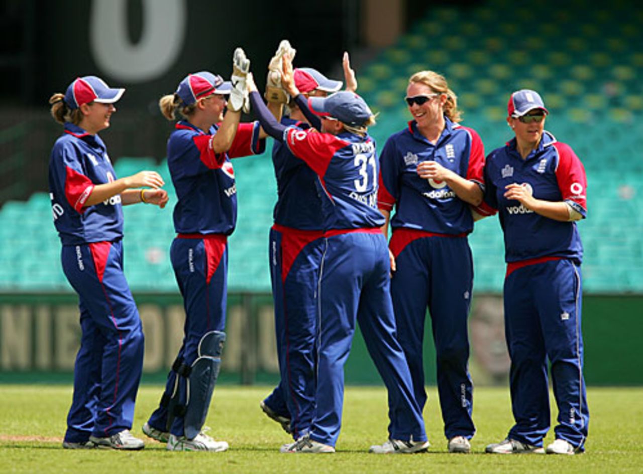 Rosalie Birch is congratulated for dismissing Shelley Nitschke, Australia v England, 5th Women's ODI, Sydney, February 11, 2008