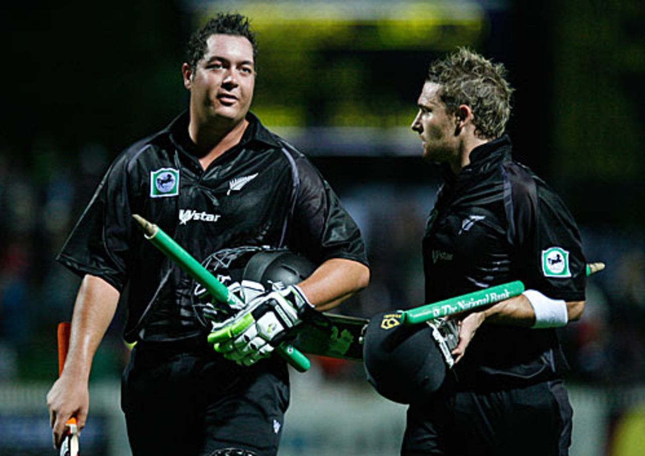 A satisfied Jesse Ryder and Brendon McCullum, stumps in hand, walk off after their unbroken stand of 165, New Zealand v England, 2nd ODI, Hamilton, February 12, 2008