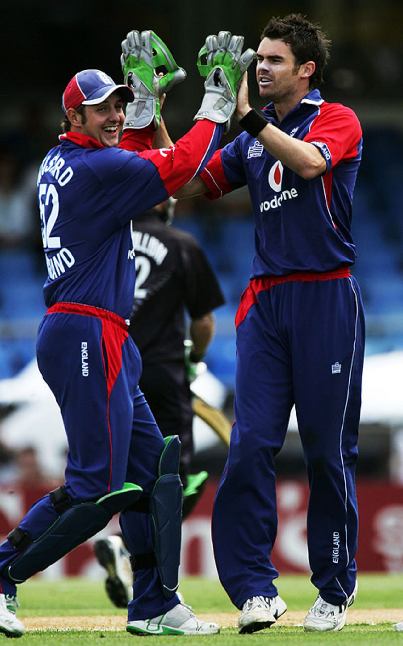 James Anderson is congratulated by Phil Mustard after removing Brendon McCullum, New Zealand v England, 3rd ODI, Auckland, February 15, 2008