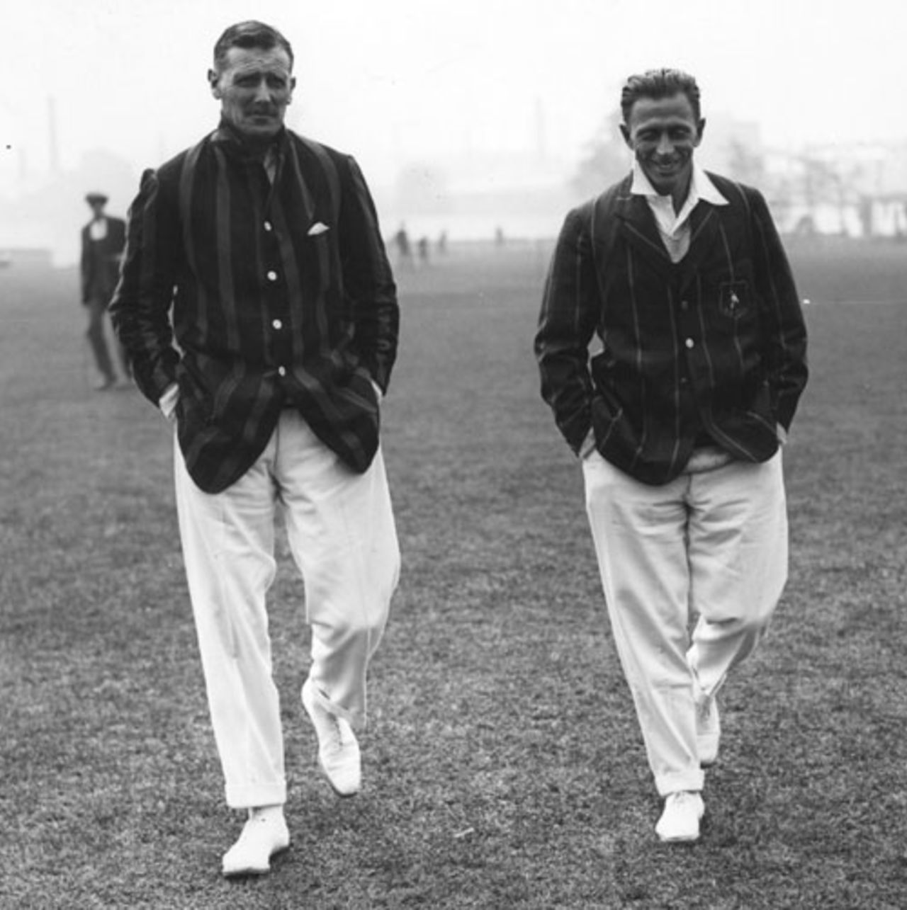 Gustavus Fowke and Herbie Taylor return after a pitch inspection as South Africa's tour gets off to a damp start, Leicestershire v South Africans, Leicester, May 3, 1924