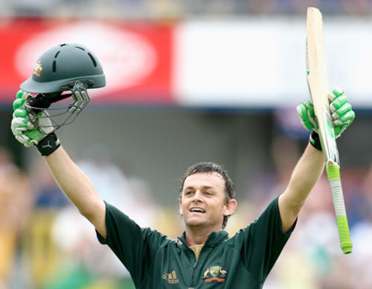 Adam Gilchrist, arms outstretched, celebrates his 16th ODI hundred, Australia v Sri Lanka, 6th Match, CB Series, Perth, February 15, 2008