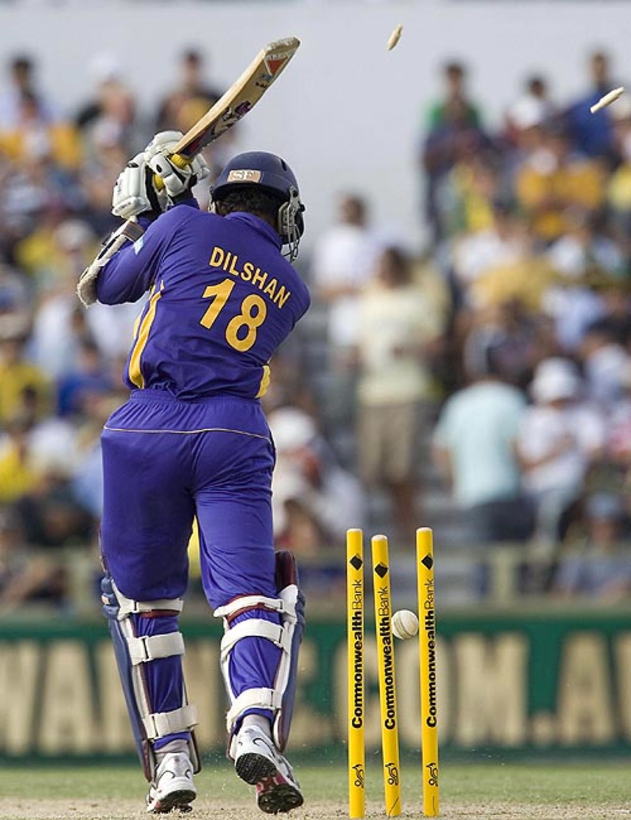 The bails are sent flying as Tillakaratne Dilshan is bowled, Australia v Sri Lanka, 6th Match, CB Series, Perth, February 15, 2008