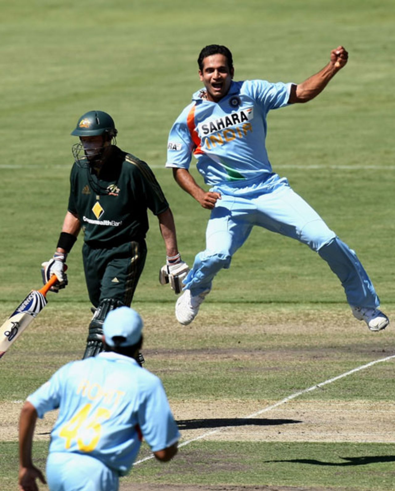 Irfan Pathan celebrates the wicket of Michael Hussey, Australia v India, 7th match, CB Series, Adelaide, February 17, 2008