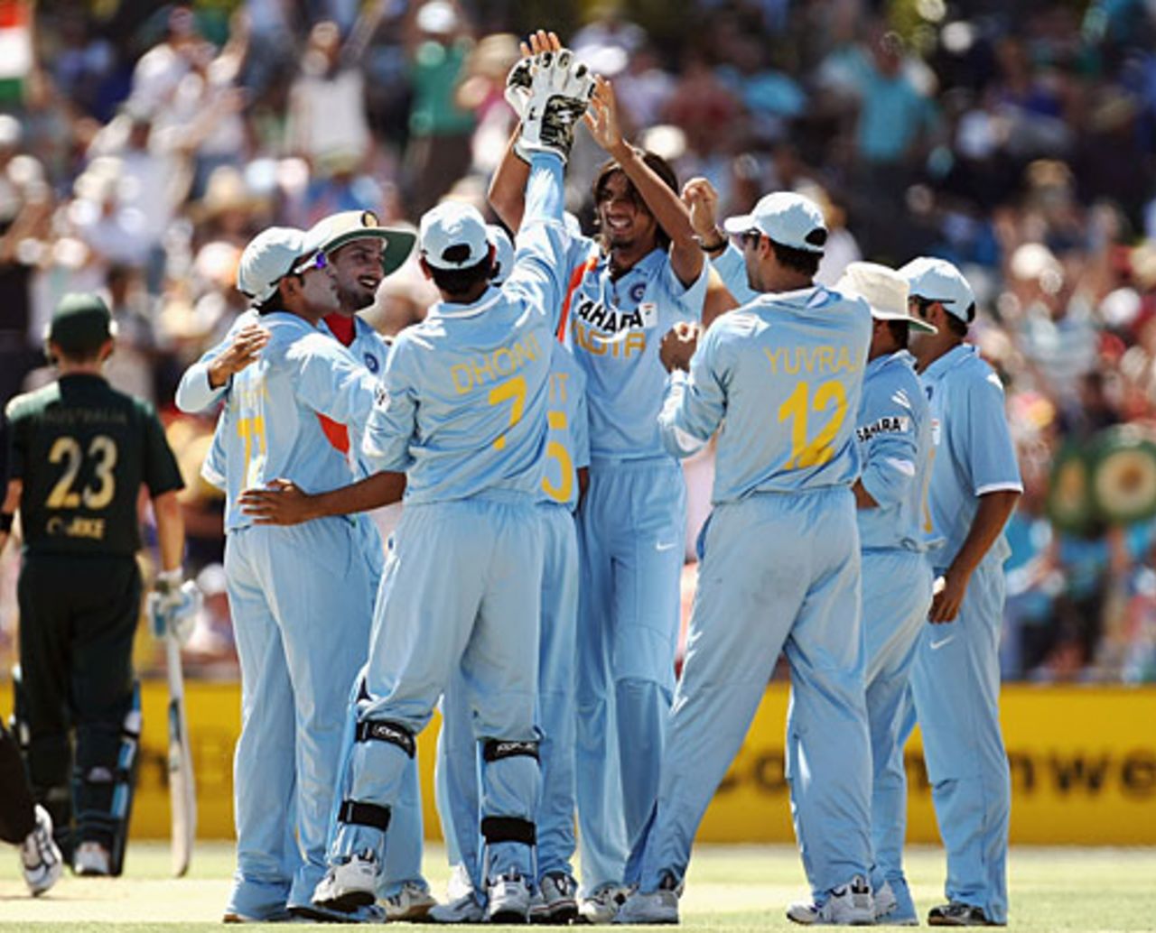 Ishant Sharma is congratulated for dismissing Andrew Symonds, Australia v India, 7th match, CB Series, Adelaide, February 17, 2008
