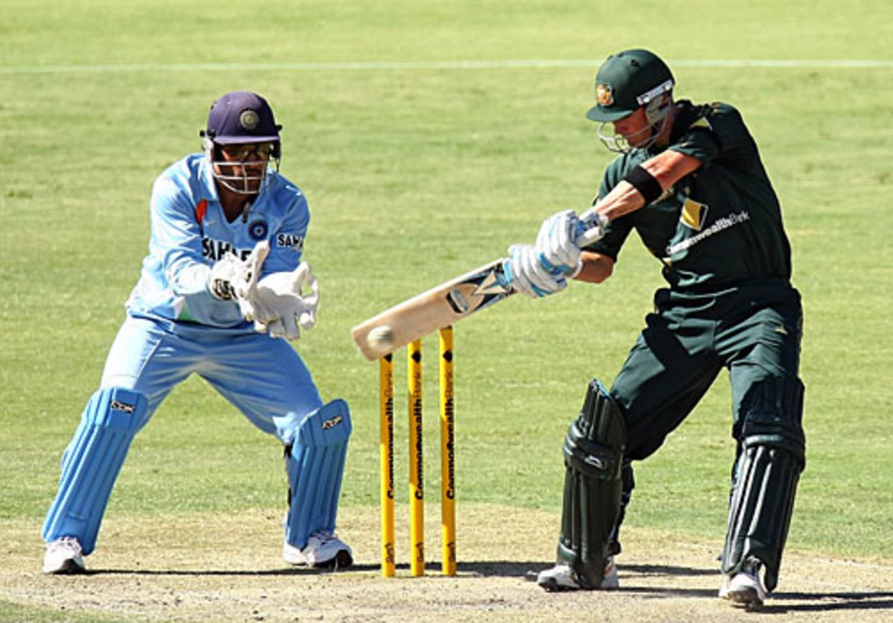 Michael Clarke steps back to cut, Australia v India, 7th match, CB Series, Adelaide, February 17, 2008