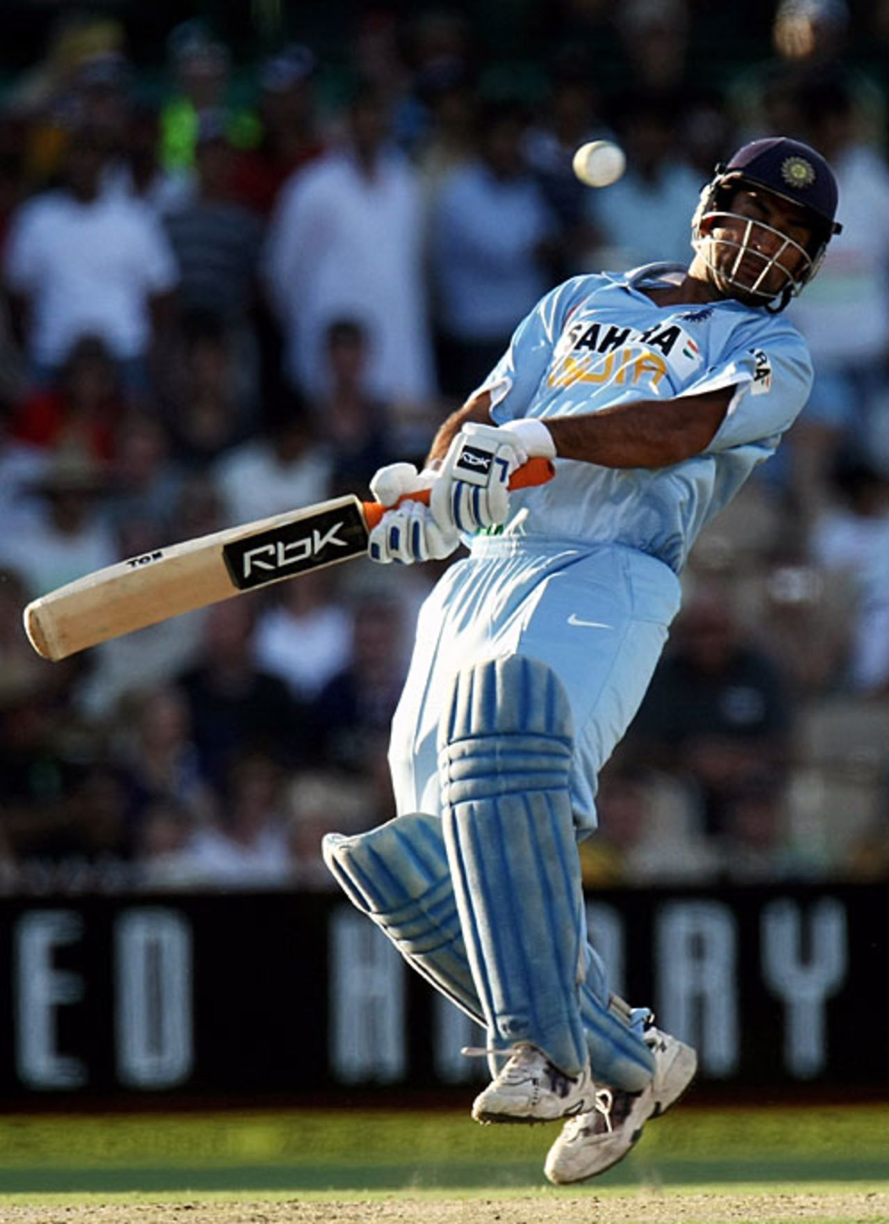 Mahendra Singh Dhoni swerves away from a short ball, Australia v India, 7th match, CB Series, Adelaide, February 17, 2008