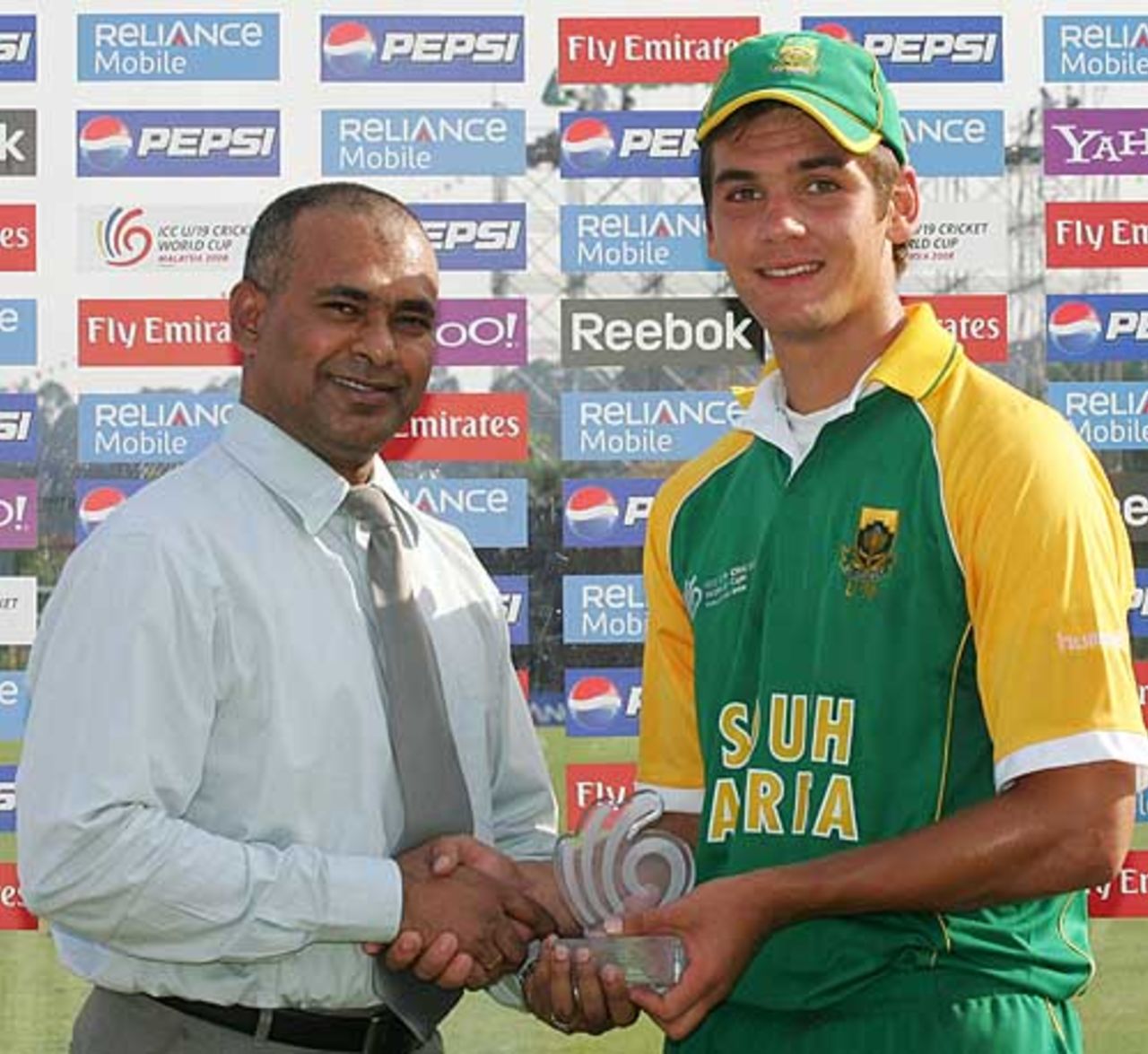 Riley Rossouw receives the Man-of-the-Match award, South Africa U-19s v West Indies U-19s, Group B, Under-19 World Cup, Kuala Lumpur, February 18, 2008 




