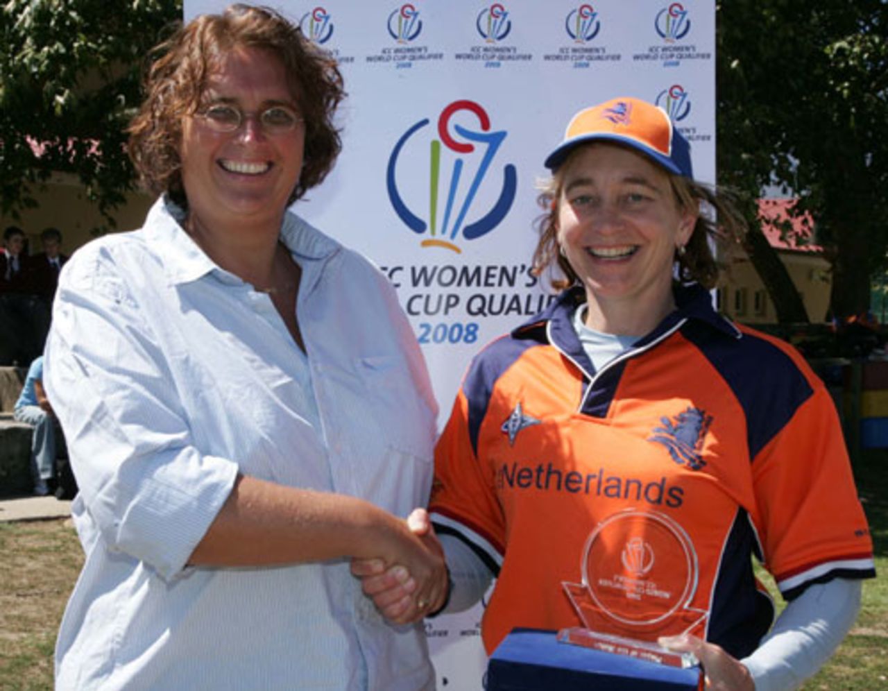 Player of the Match Caroline de Fouw with Betty Timmer, Netherlands v PNG, ICC Women's World Cup Qualifier, Stellenbosch, February 18, 2008