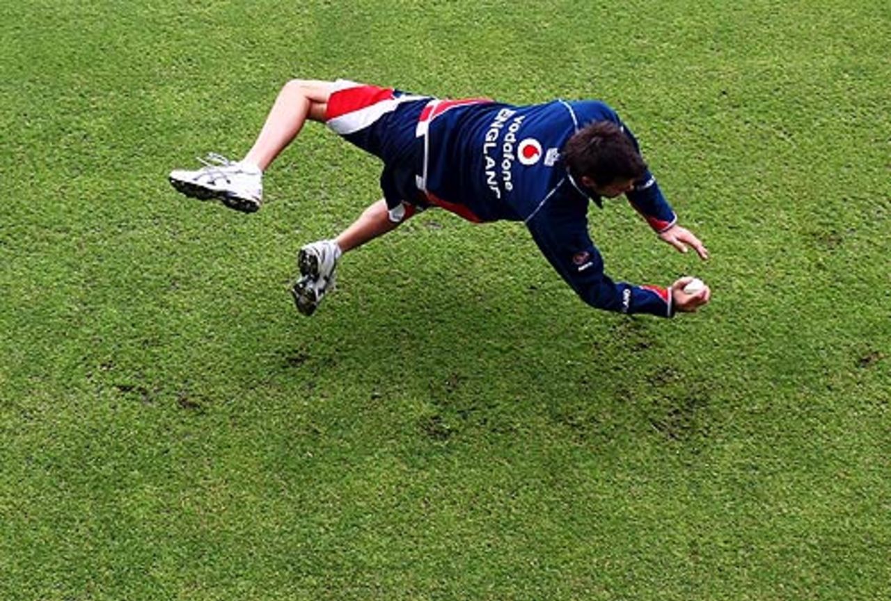 James Anderson dives acrobatically in the net session, Napier, February 19, 2008