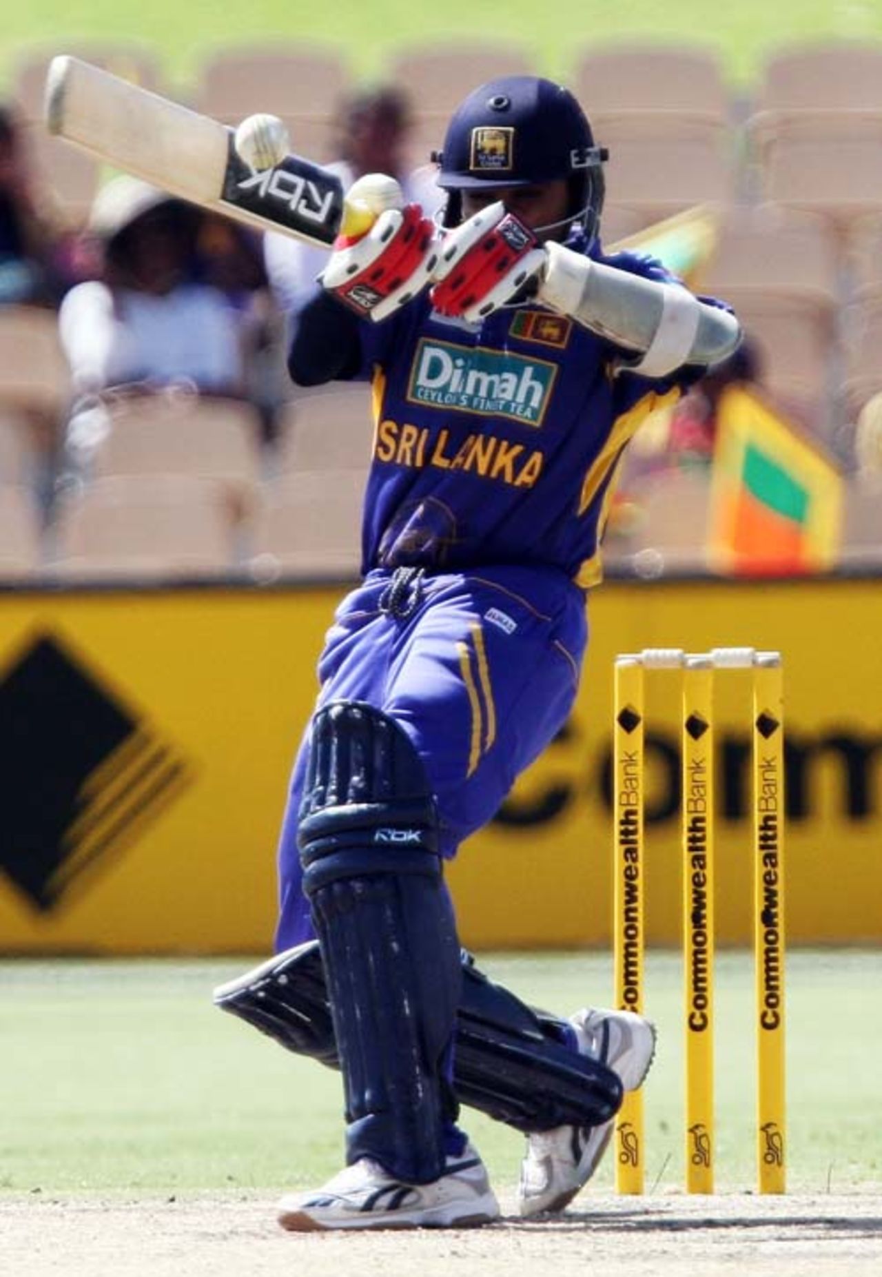 Mahela Jayawardene plays a pull shot off the meat of the bat, Sri Lanka v India, 8th match, CB Series, Adelaide, February 19, 2008 
