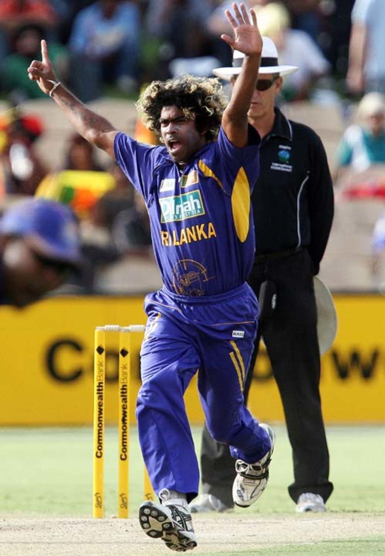 Lasith Malinga is charged up after dismissing Sachin Tendulkar with his first ball,  Sri Lanka v India, 8th match, CB Series, Adelaide, February 19, 2008 
