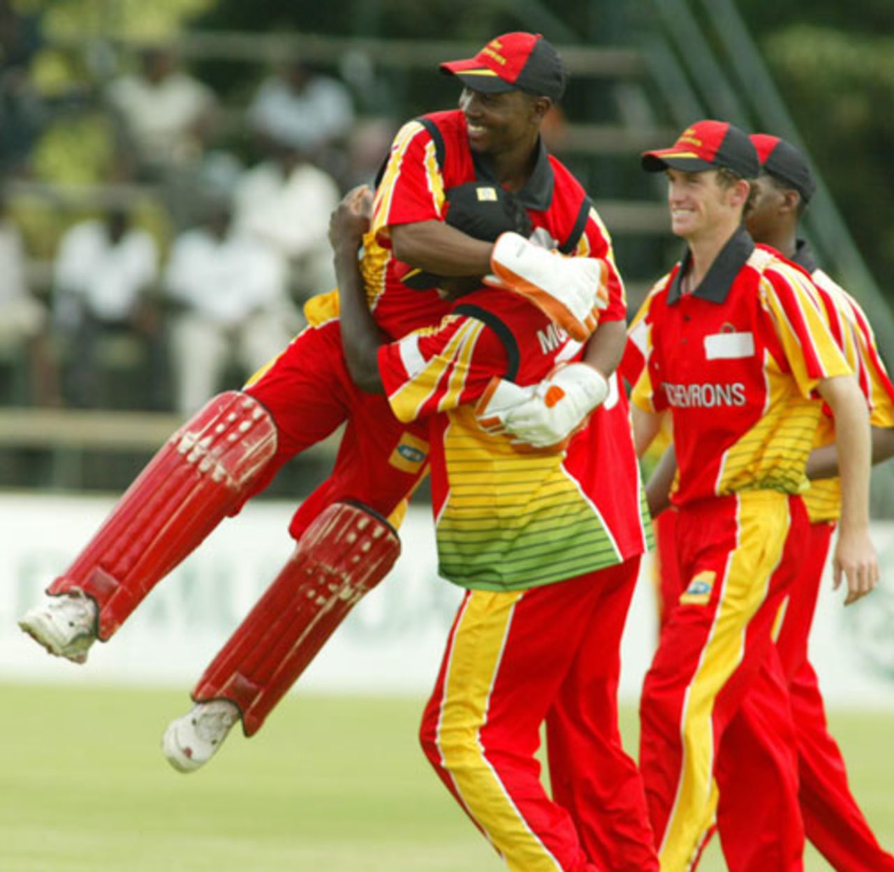 Zimbabwe's players celebrate their first win in the MTN Domestic Championship, Zimbabwe Chevrons v Cape Cobras, MTN Domestic Championship, Harare, February 17, 2008