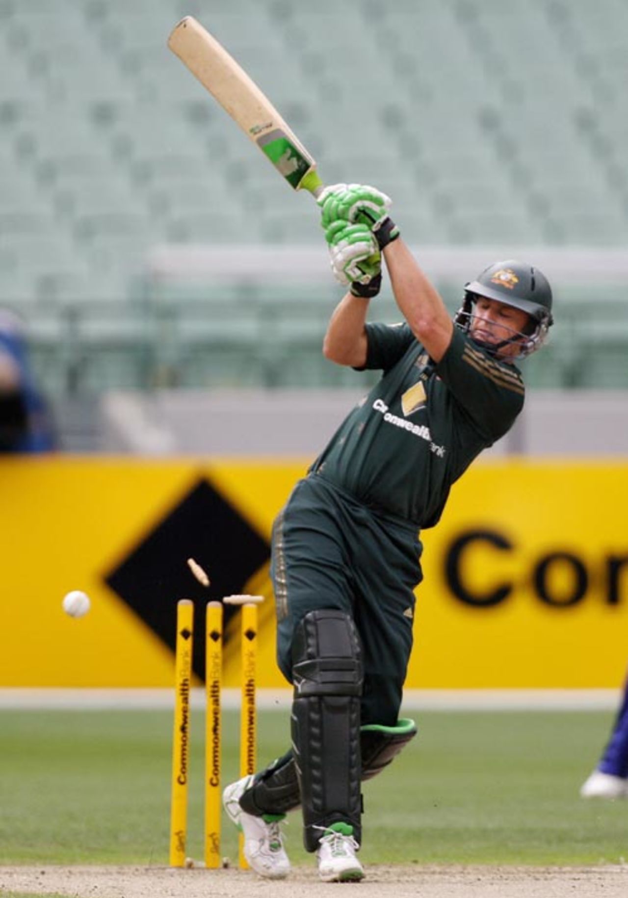 Adam Gilchrist is bowled after he misses a heave, Australia v Sri Lanka, 9th  match, CB Series, Melbourne, February 22, 2008 


