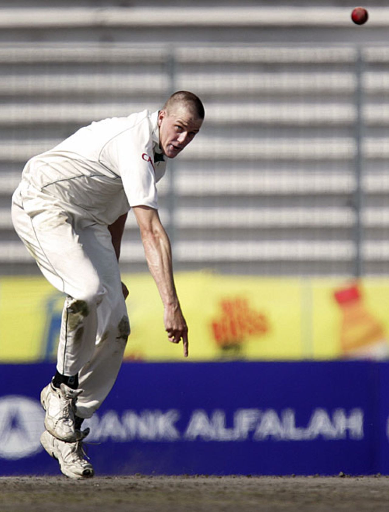 Morne Morkel follows through after releasing the ball, Bangladesh v South Africa, 1st Test, Mirpur, 1st day, February 22, 2008