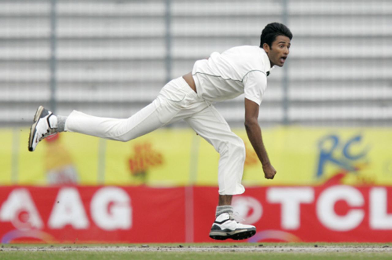 Shahadat Hossain in his follow through, Bangladesh v South Africa, 1st Test, Mirpur, 4th day, February 25, 2008 