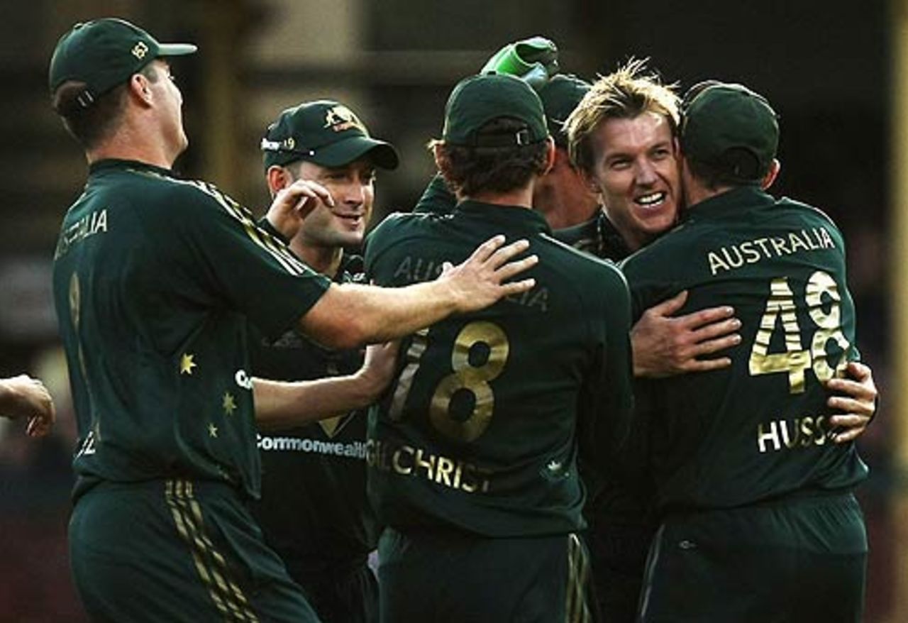 The Australians celebrate a wicket, Australia v India, 10th ODI, CB Series, Sydney, February 24, 2008 
