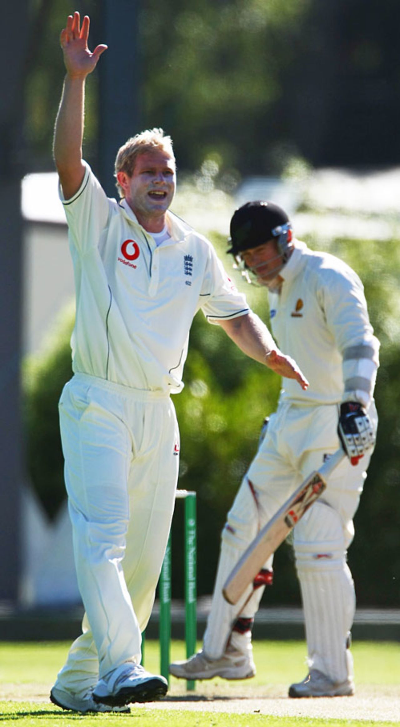 Matthew Hoggard has Matthew Bell caught behind for 0, NZ Invitational XI v England XI, Dunedin, February 26, 2008