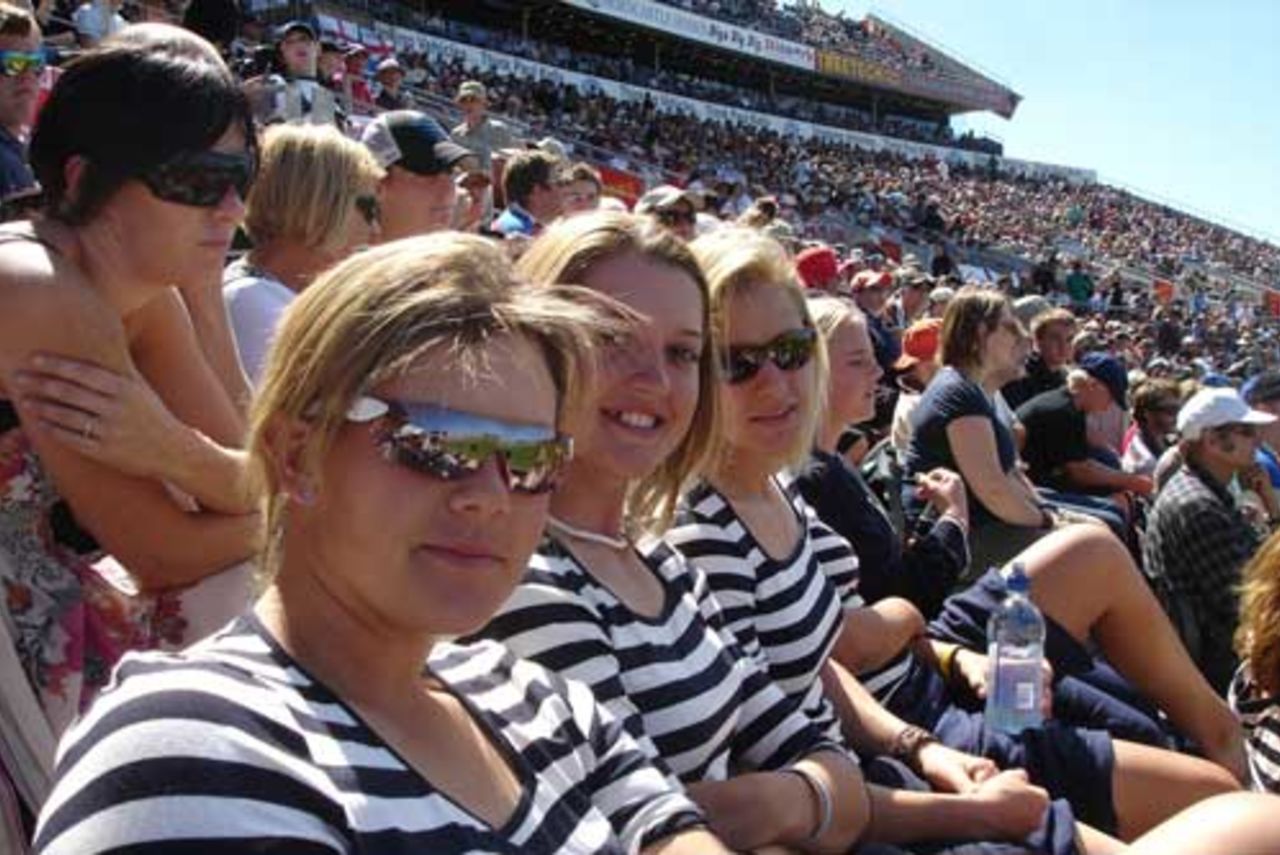 Nicky Shaw, Sarah Taylor and Katherine Brunt at the fifth New Zealand v England men's ODI in Christchurch