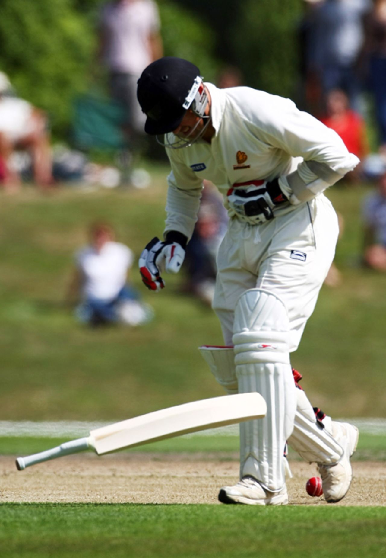 Matthew Bell drops his bat after being struck by a bouncer, New Zealand Select XI v England XI, three-day tour match, Dunedin, 1st day, February 28, 2008 