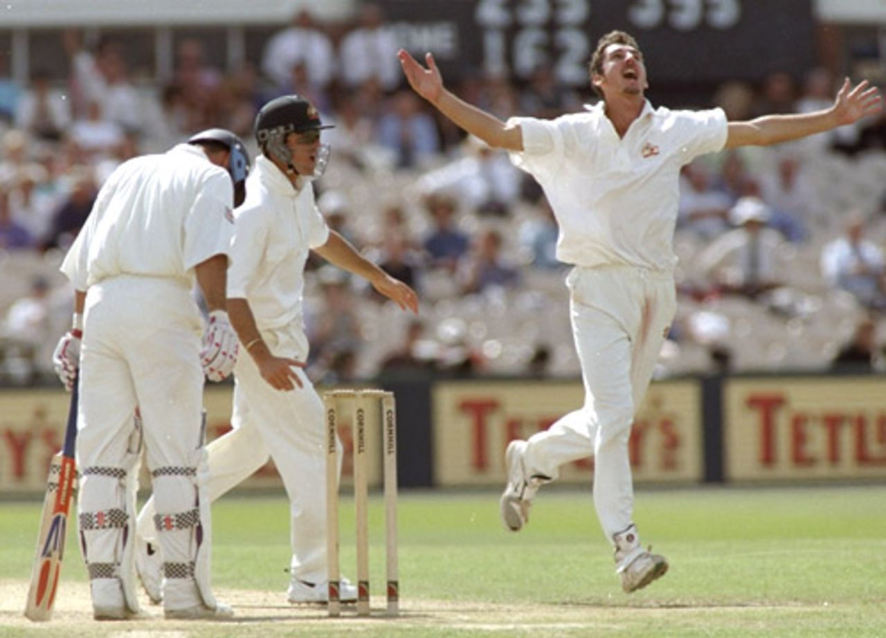Jason Gillespie rejoices at the wicket of Nasser Hussain, England v Australia, 3rd Test, Old Trafford, July 3-7, 1997