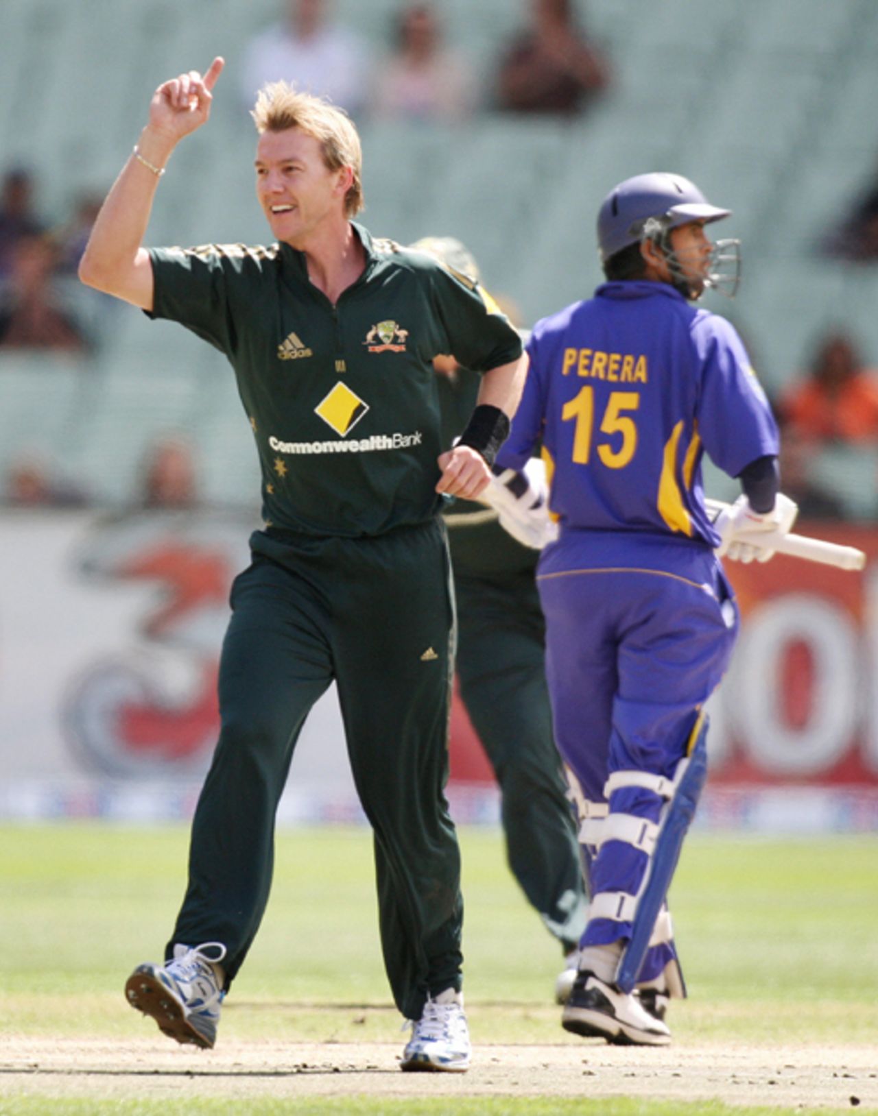 Brett Lee struck early for Australia by trapping Dilruwan Perera leg before, Australia v Sri Lanka, CB Series, 12th ODI, Melbourne, February 29, 2008 
