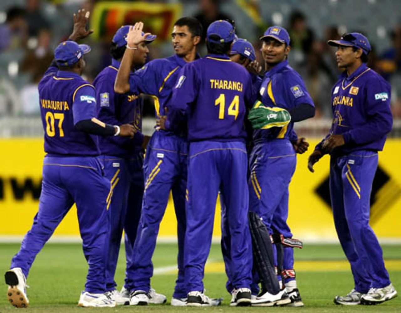 Ishara Amerasinghe is congratulated on the wicket of Mitchell Johnson, Australia v Sri Lanka, CB Series, 12th ODI, Melbourne, February 29, 2008 

