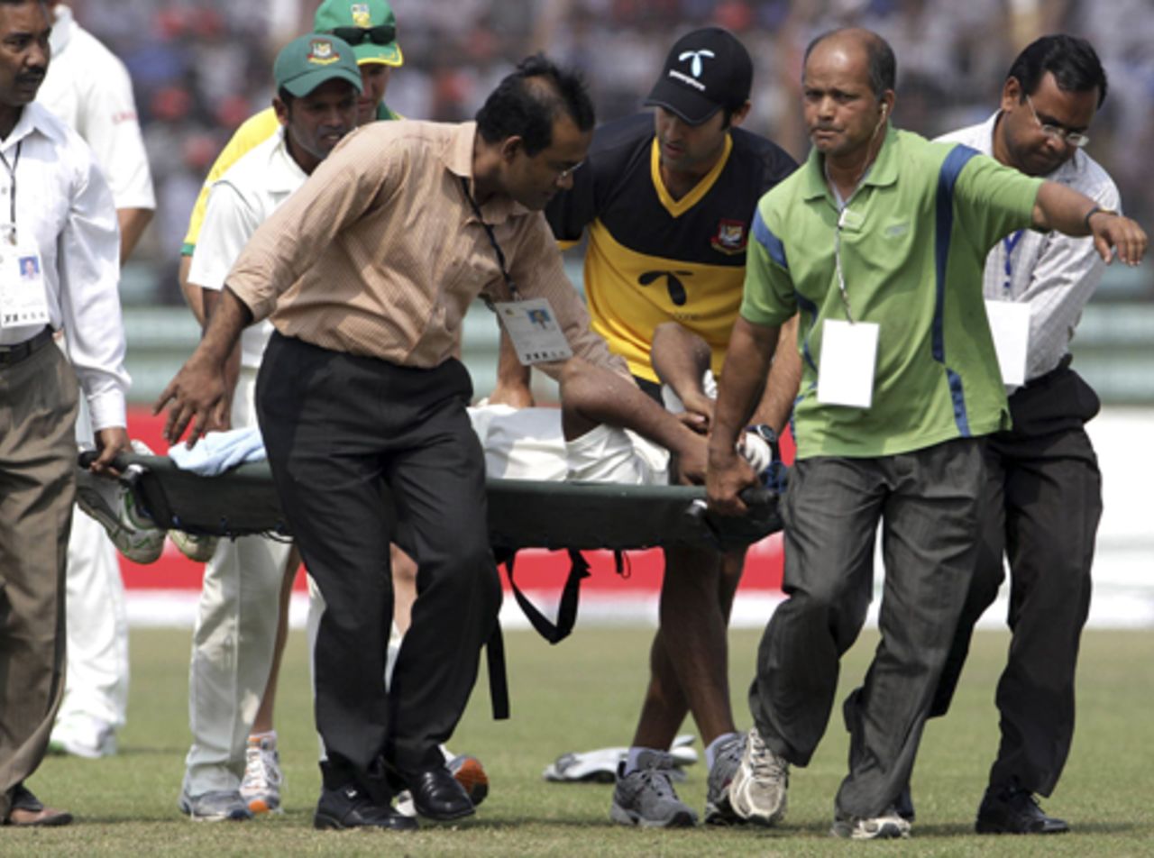 Aftab Ahmed is taken off the field in a stretcher, Bangladesh v South Africa, 2nd Test, Chittagong, 3rd day, March 2, 2008 
