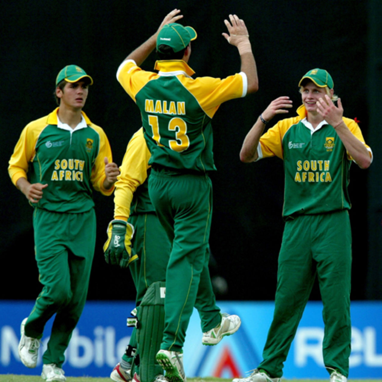 Sybrand Engelbrecht (right) is congratulated by his team-mates after taking a catch, India v South Africa, Under-19 World Cup final, Kuala Lumpur, March 2, 2008 
