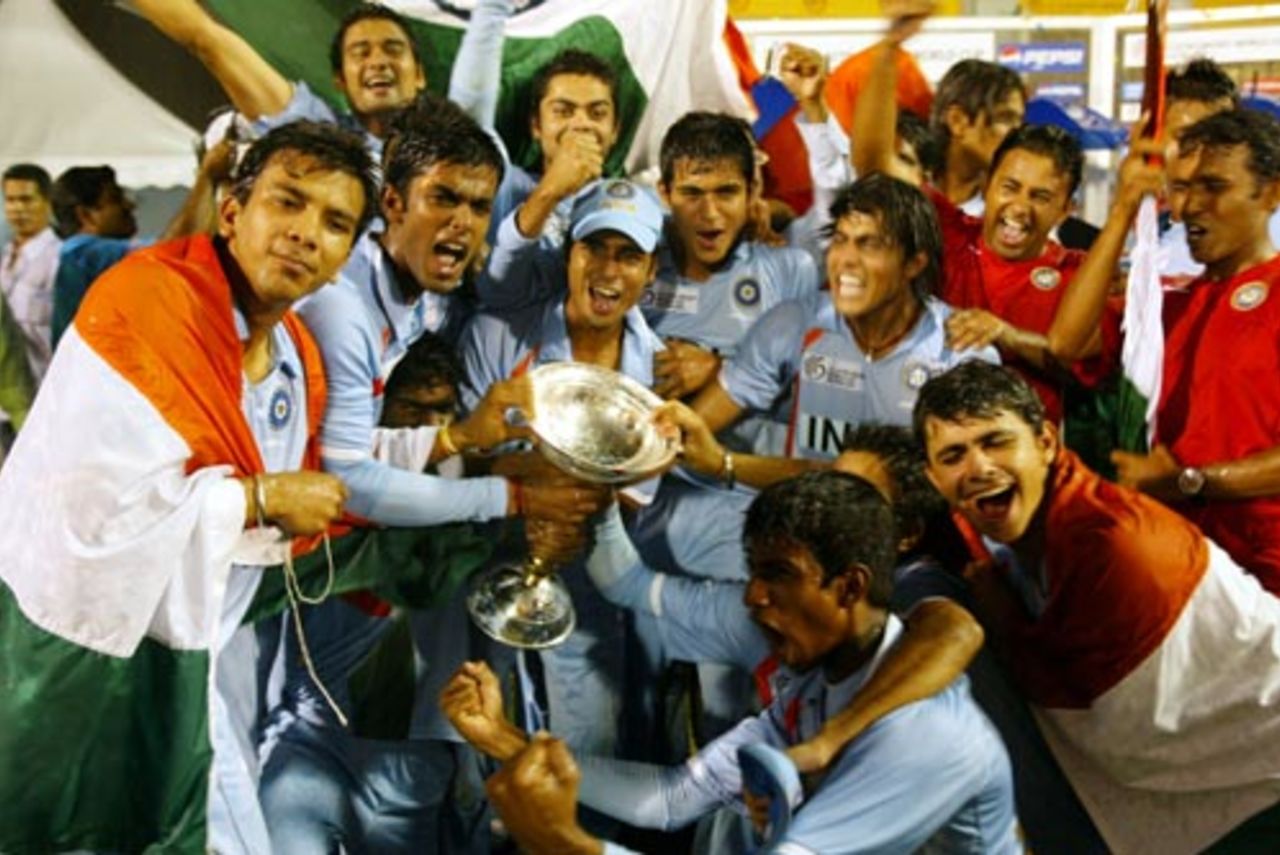 The jubilant Indian team with the trophy, India v South Africa, Under-19 World Cup final, Kuala Lumpur, March 2, 2008 
