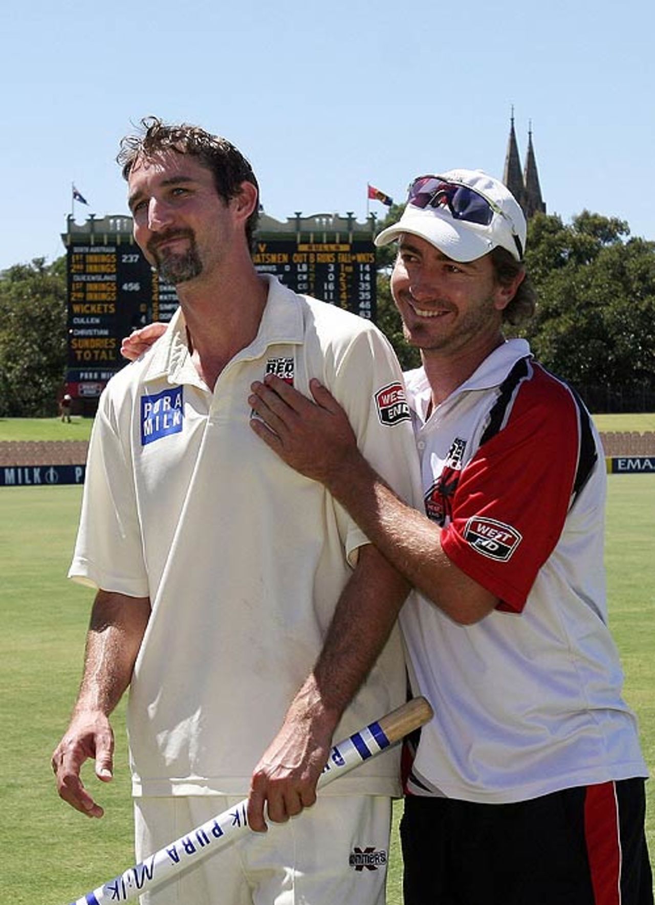 Mark Cleary congratulates Jason Gillespie after his final Pura Cup match, South Australia v Queensland, Pura Cup, Adelaide, March 3, 2008