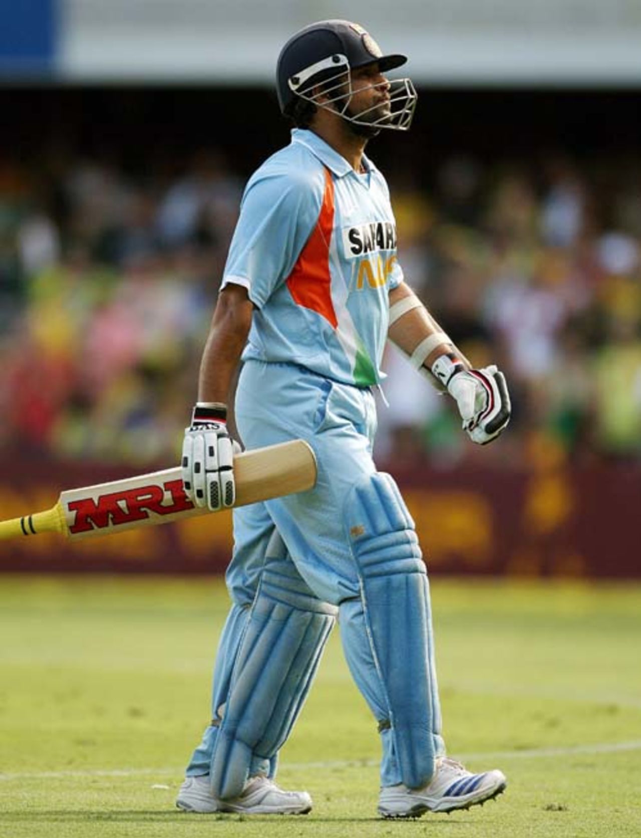 A disappointed Sachin Tendulkar returns to the pavilion after falling nine runs short of his century, Australia v India, CB Series, 2nd final, Brisbane, March 4, 2008